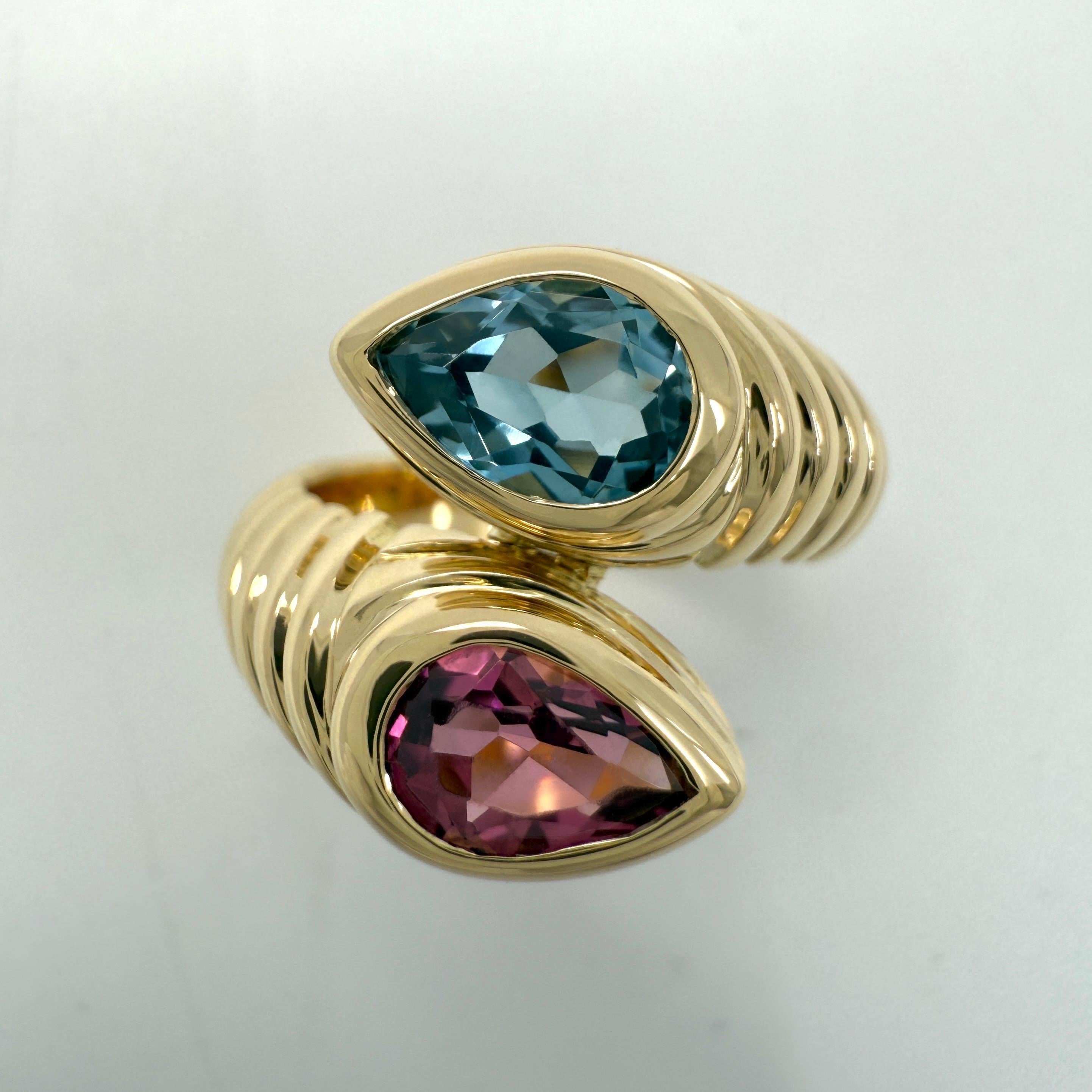 Anillo Bypass Vintage Bvlgari Doppio Baccellato Turmalina y Topacio Oro Amarillo 18k en venta