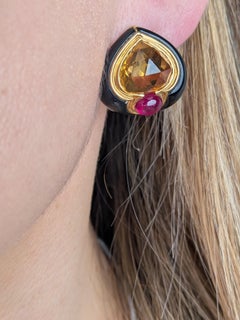 Vintage BVLGARI Ohrclips mit Citrin, Rubin Cabochons, Onyx in 18k Gelbgold