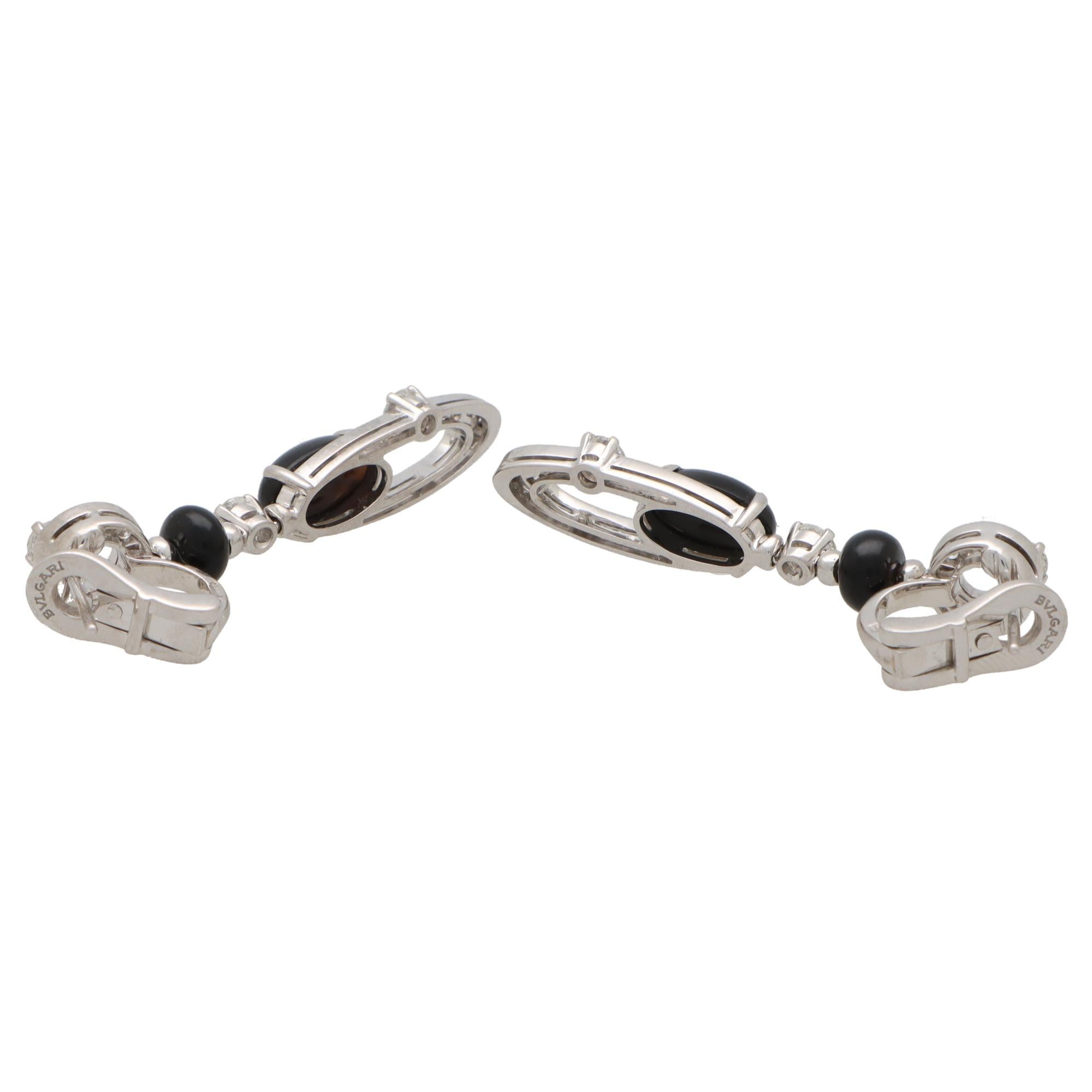 Modern Vintage Bvlgari Elisia Onyx and Diamond Drop Earrings Set in 18k White Gold