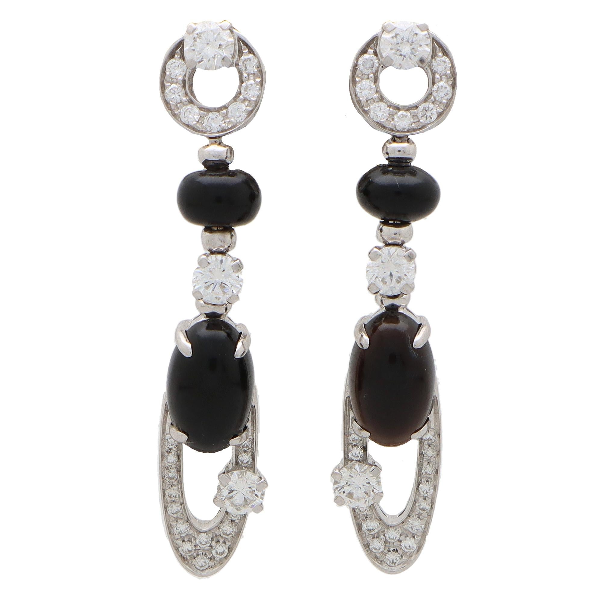 Round Cut Vintage Bvlgari Elisia Onyx and Diamond Drop Earrings Set in 18k White Gold