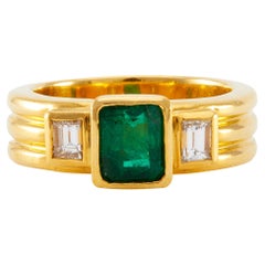 Vintage Bvlgari Emerald and Diamond 18k Yellow Gold Three Stone Ring