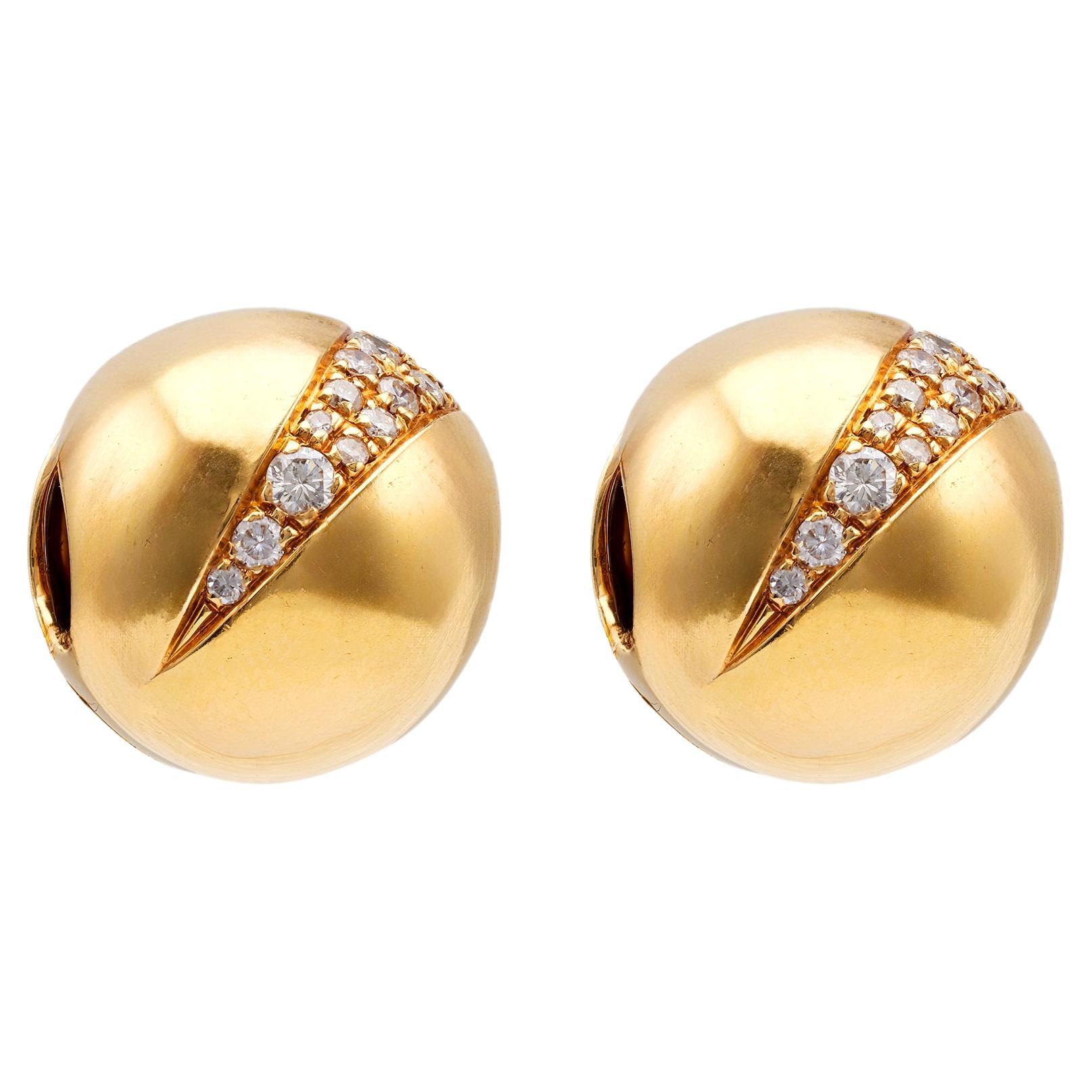 Vintage Bvlgari French Diamond 18k Yellow Gold Sphere Clip On Earrings