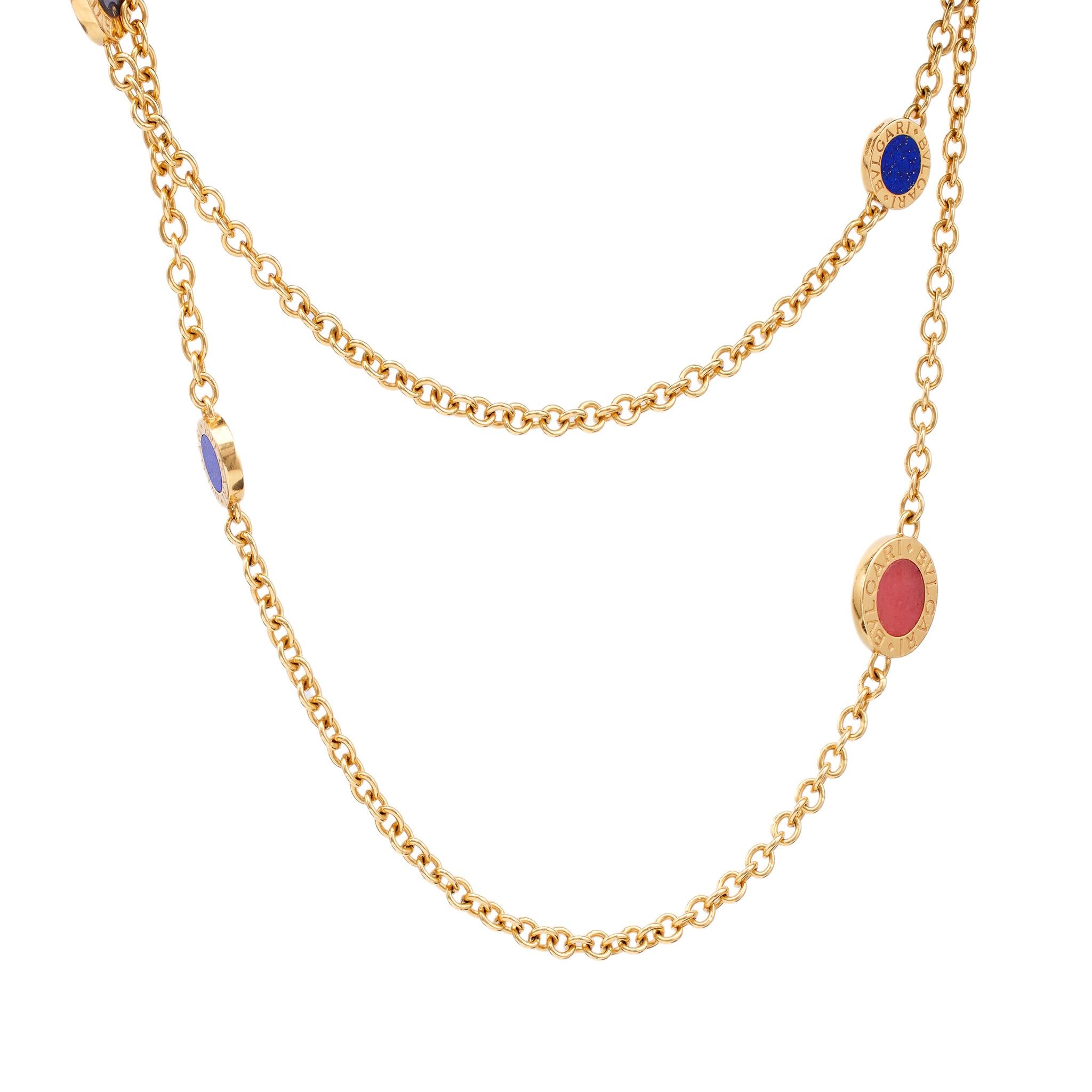 Women's or Men's Vintage Bvlgari Gemstone 18k Yellow Gold Disc Necklace For Sale