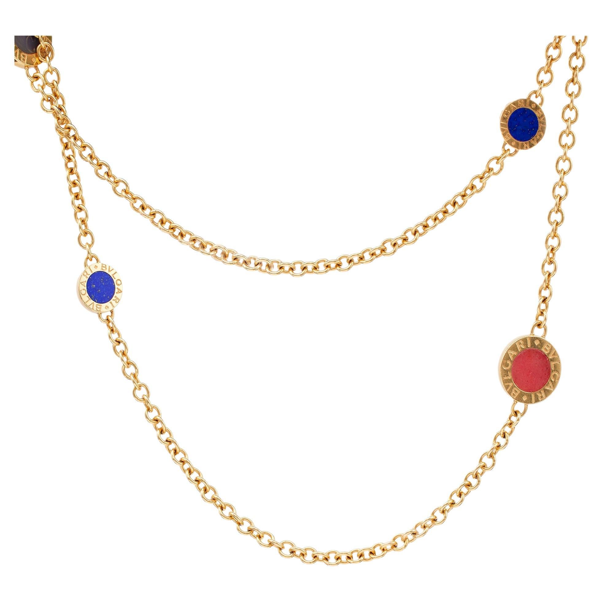 Vintage Bvlgari Gemstone 18k Yellow Gold Disc Necklace For Sale