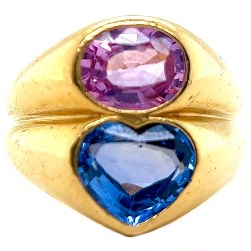 Women's or Men's Vintage Bvlgari Italian Blue Pink Sapphire 18k Yellow Gold Doppio Ring