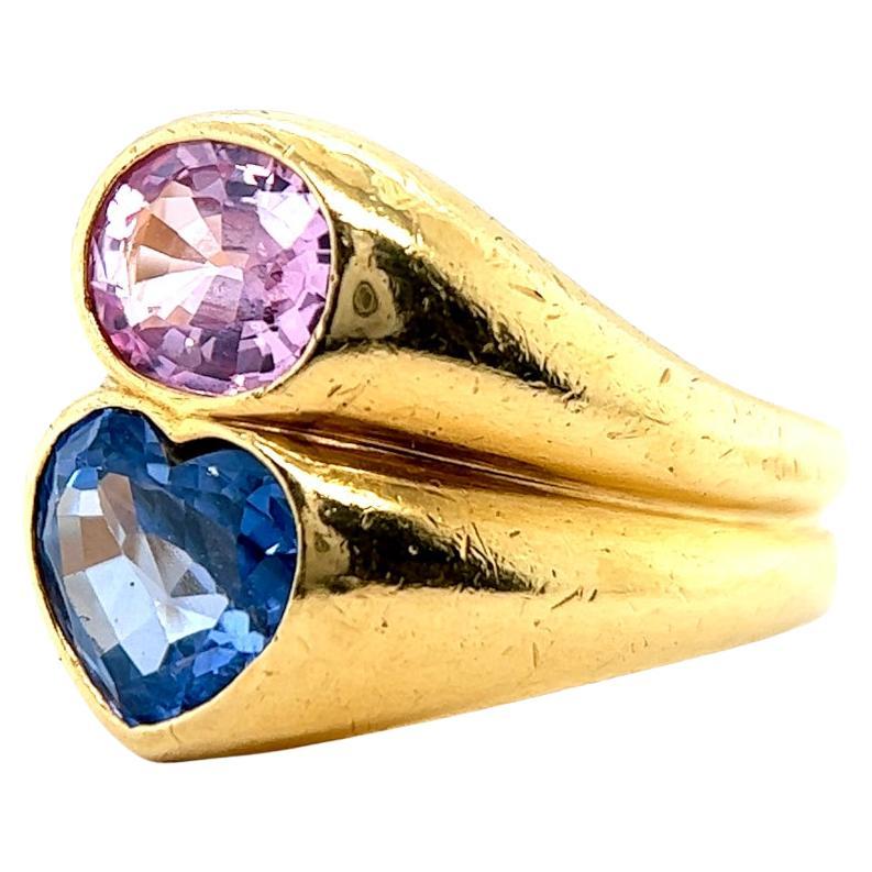 Vintage Bvlgari Italian Blue Pink Sapphire 18k Yellow Gold Doppio Ring