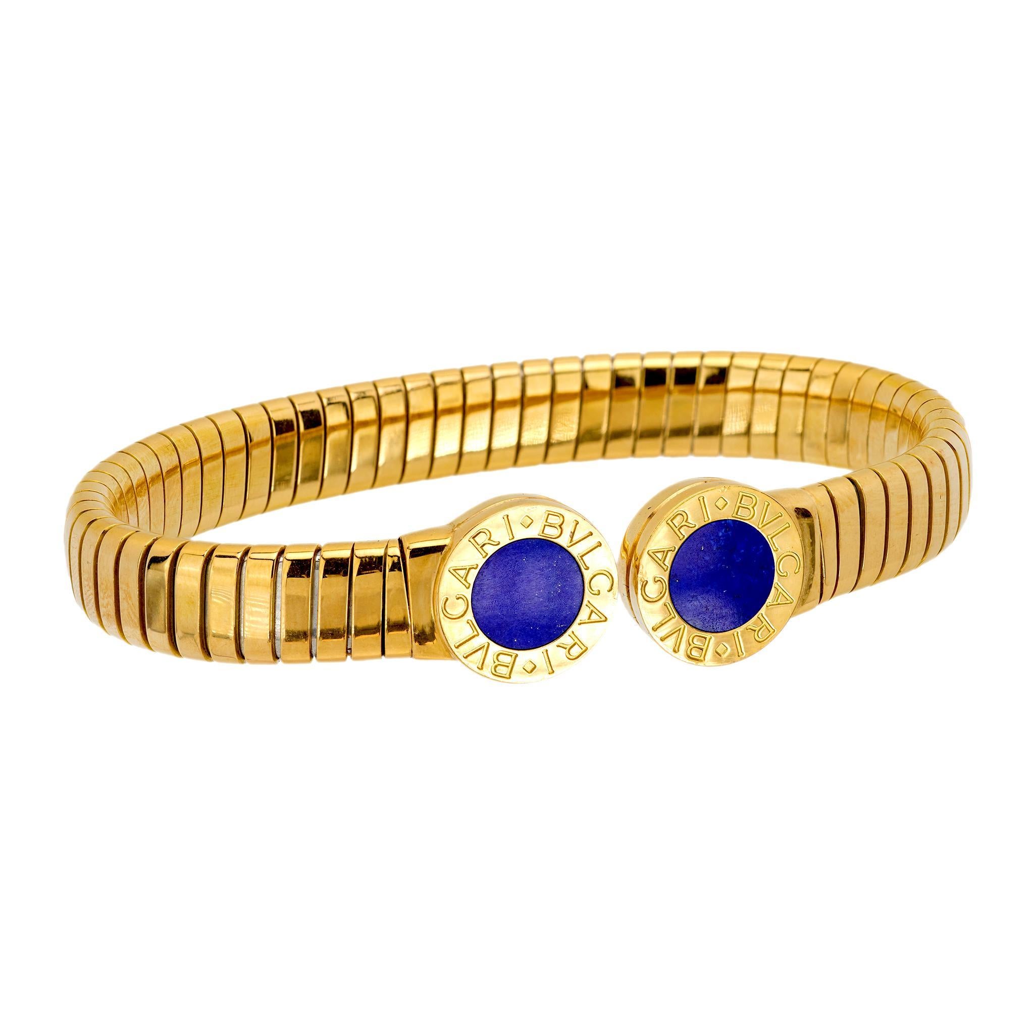 Modern Vintage Bvlgari lapis 18k yellow gold tubogas cuff