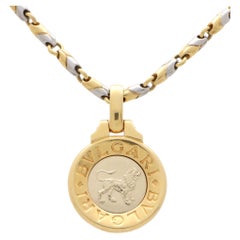 Vintage Bvlgari Leo Zodiac Pendant and Chain in Yellow Gold and Stainless Steel