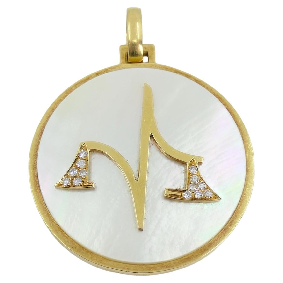 Vintage Bvlgari Libra Zodiac Mother of Pearl Gold Pendant For Sale