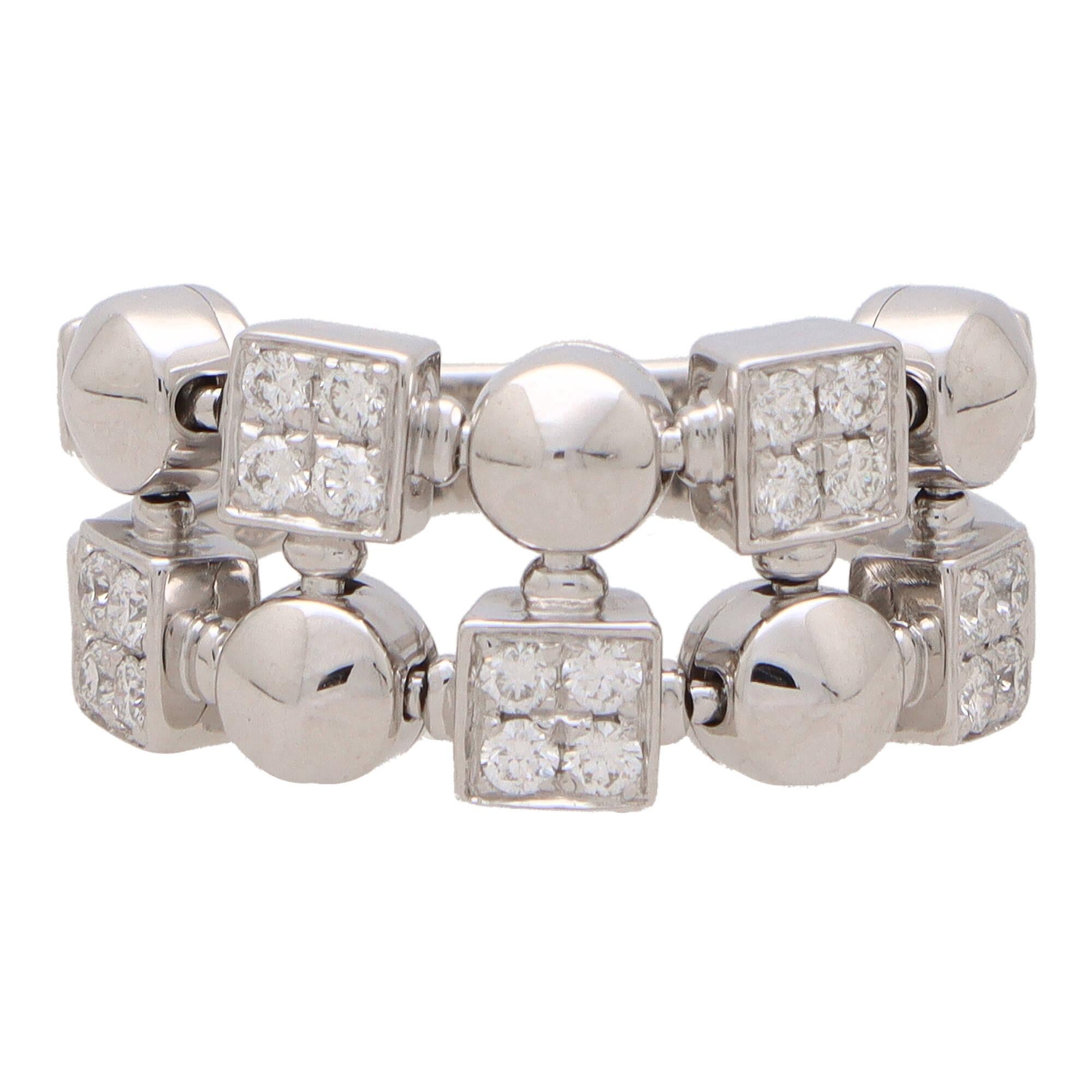 Vintage Bvlgari Lucia Diamond Two Row Ring in 18k White Gold In Excellent Condition In London, GB