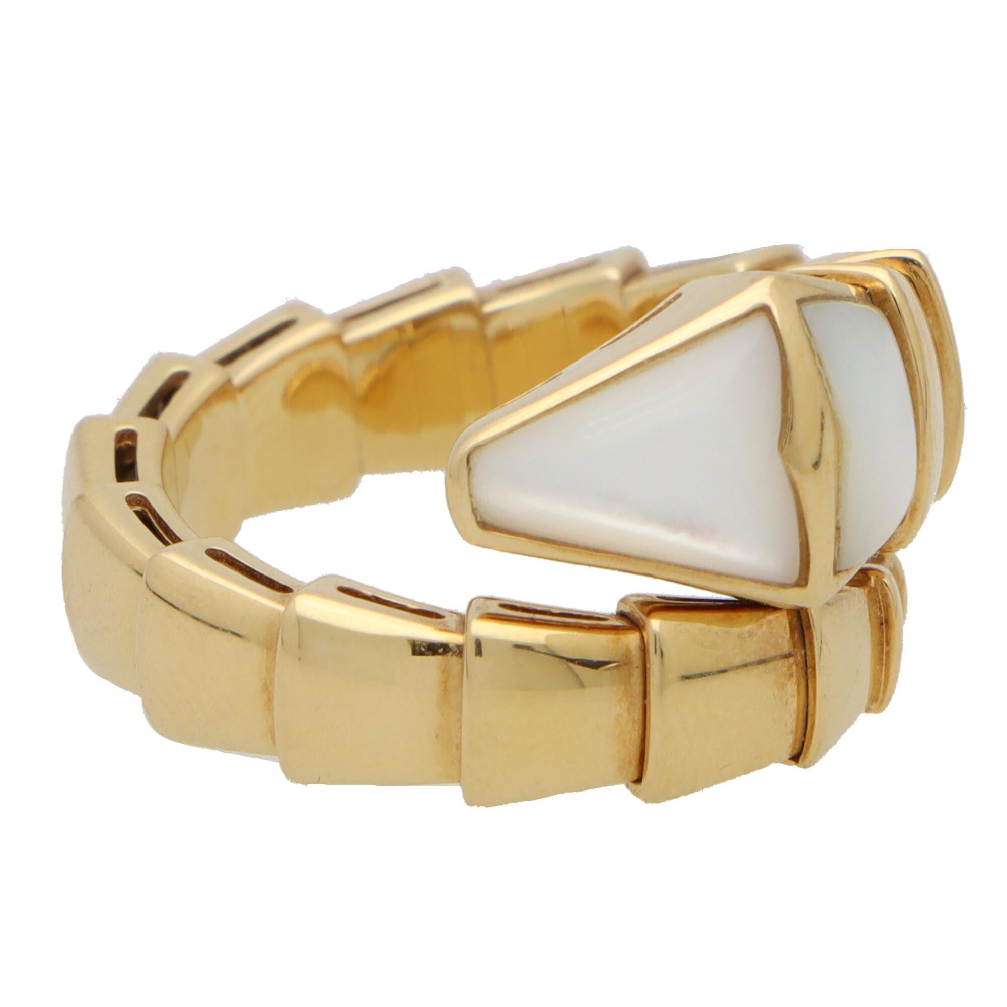 Modern Vintage Bvlgari Mother of Pearl Serpenti Viper Ring in 18k Yellow Gold