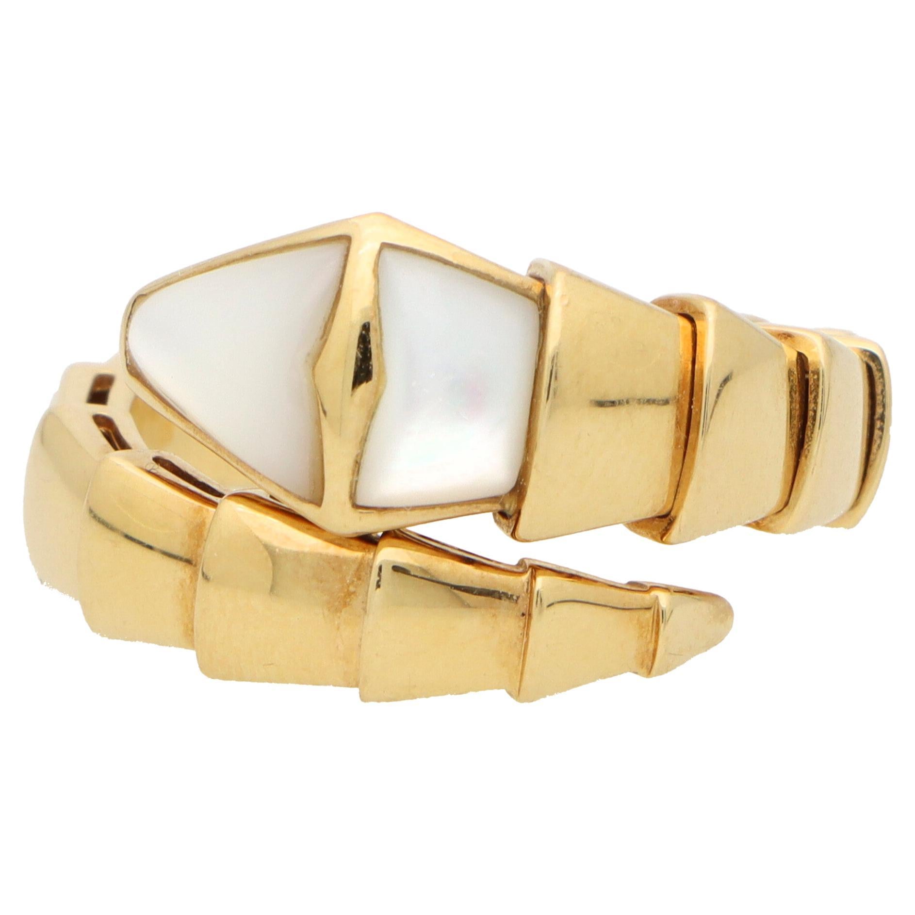 Vintage Bvlgari Mother of Pearl Serpenti Viper Ring in 18k Yellow Gold