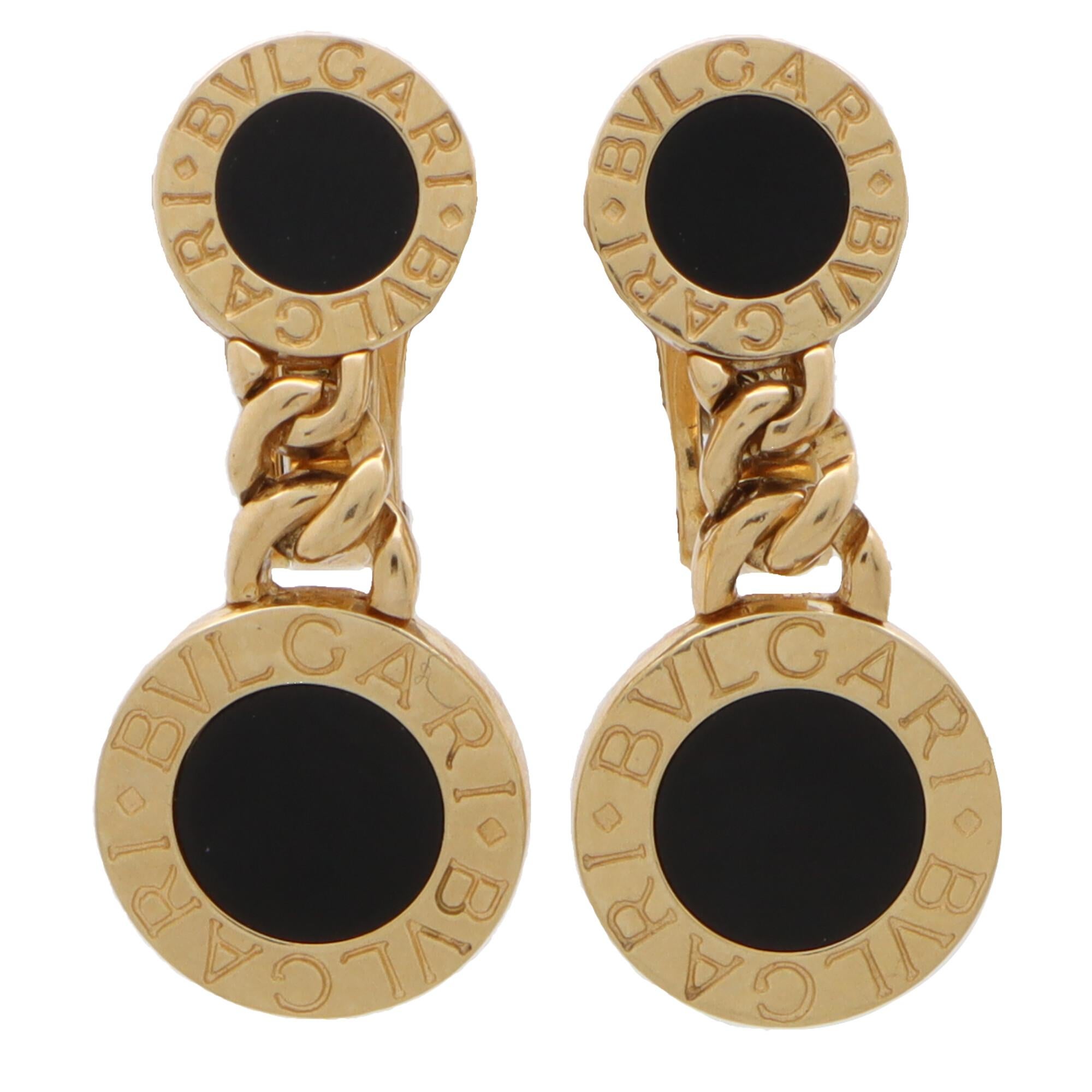 Modern Vintage Bvlgari Onyx Double Drop Earrings Set in 18k Yellow Gold