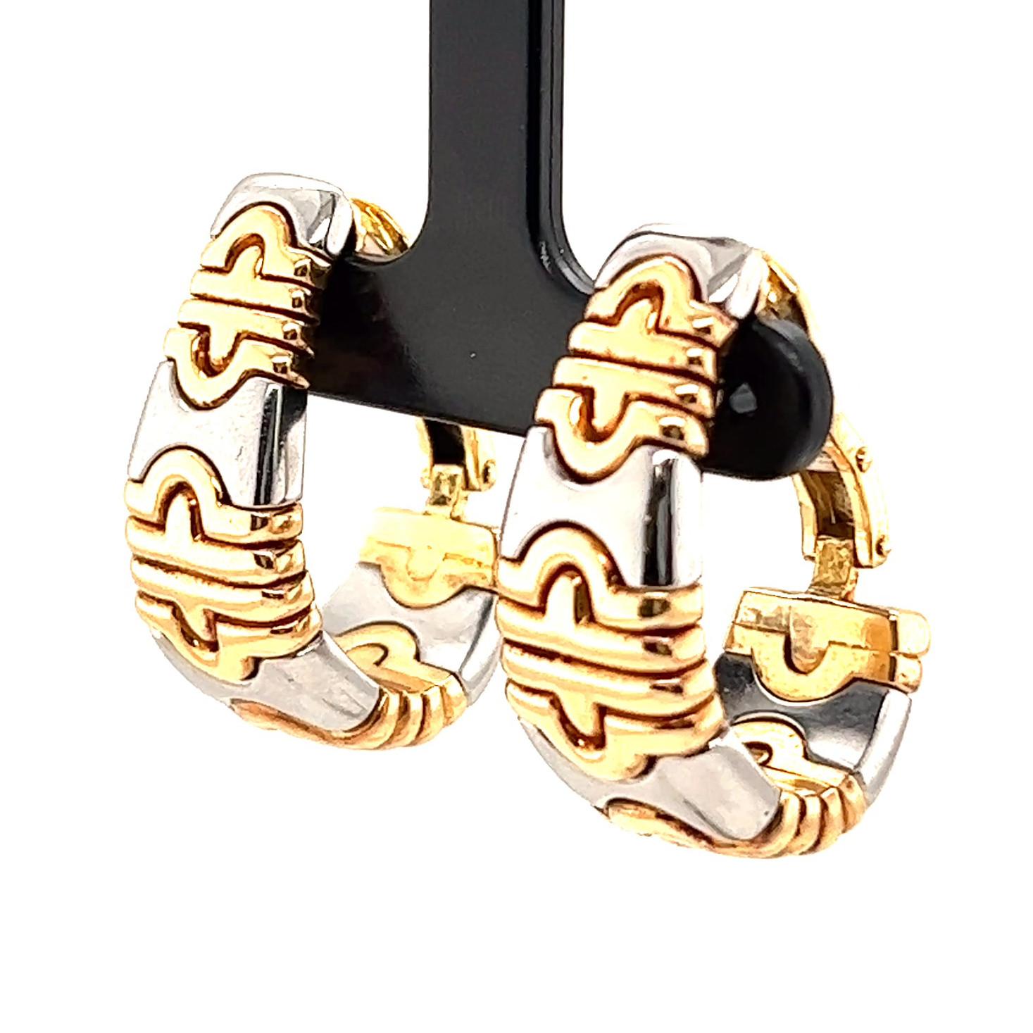 Vintage Bvlgari Parentesi 18 Karat Gold Steel Clip Hoop Earrings In Excellent Condition In Beverly Hills, CA