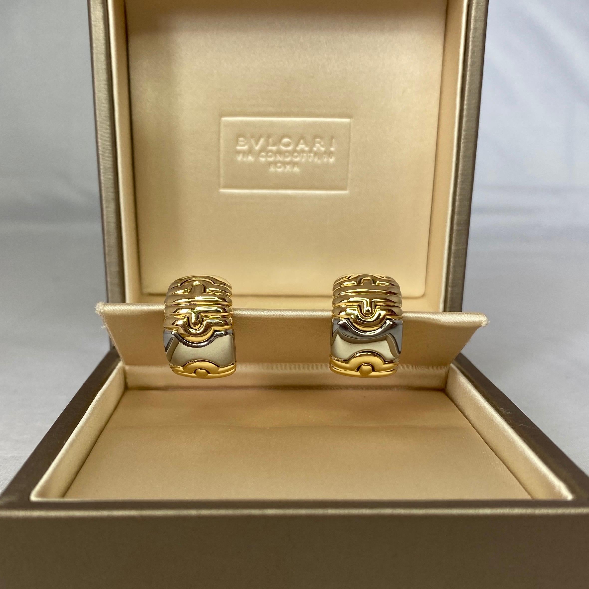 Vintage Bvlgari Parentesi 18k Yellow Gold And Stainless Steel Clip Earrings With Box.

Beautiful styled earrings, dual-toned with interlocking components. Signed ‘Bvlgari’, and 'Made In Italy' circa 1980.

These have been fully cleaned and polished