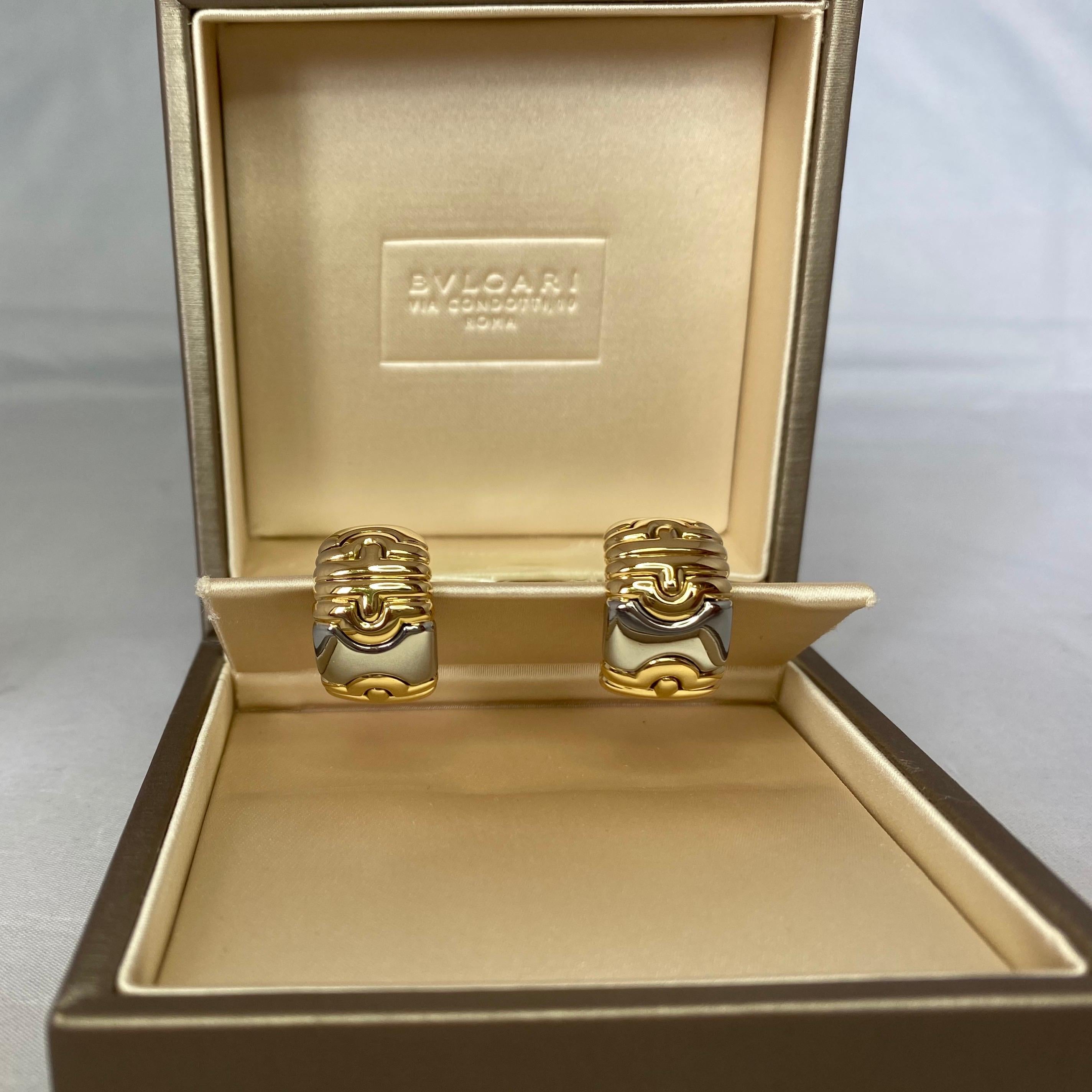 Art Deco Bvlgari Bulgari Parentesi 18 Karat White And Yellow Gold Clip-On Earrings in Box