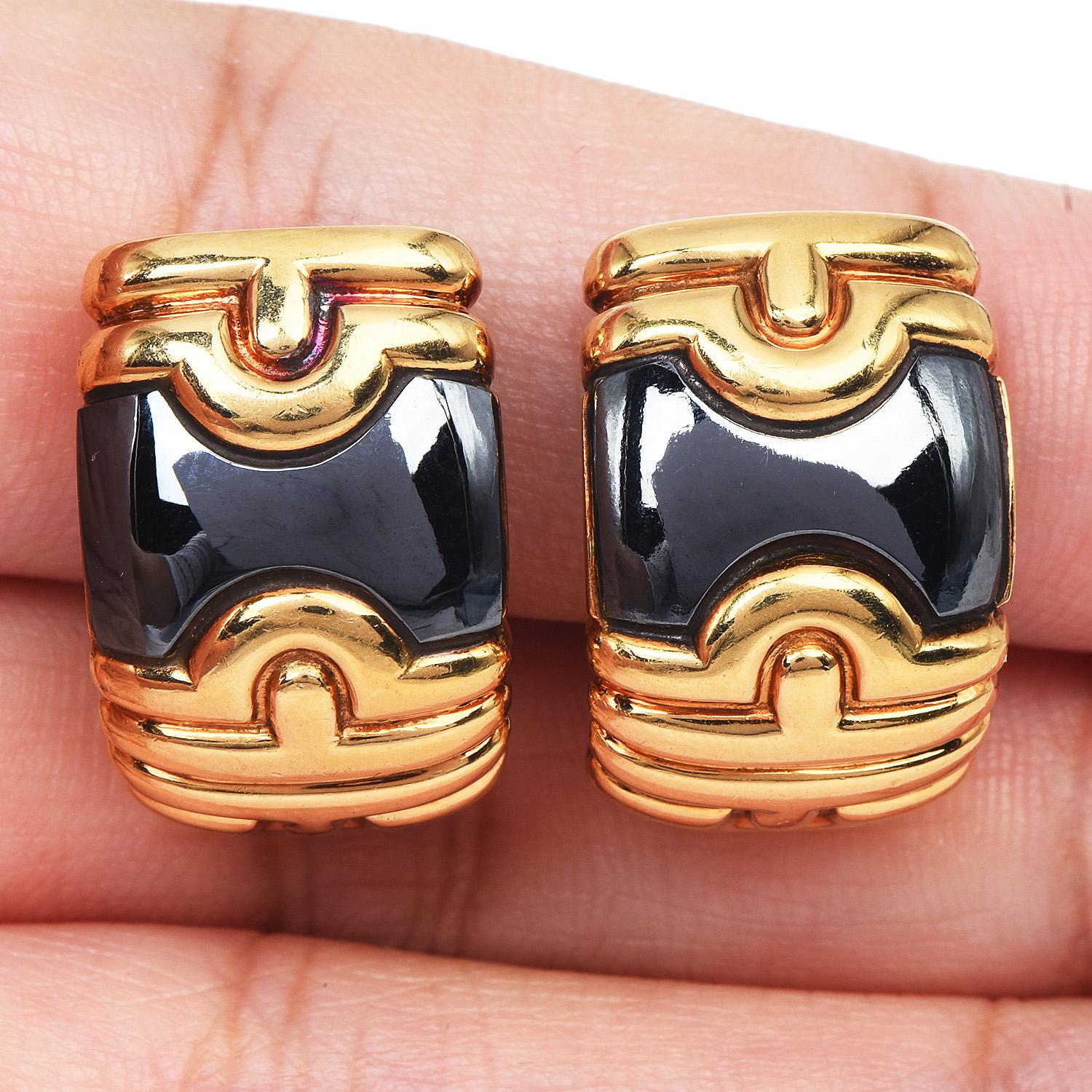 Women's Vintage Bvlgari Parentesi 18K Yellow Gold Hematite Hoop Earrings For Sale