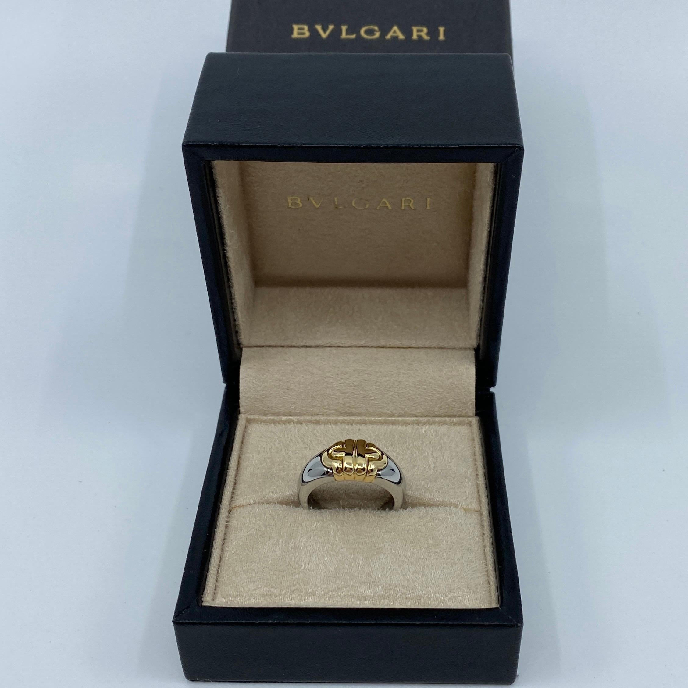 Bvlgari Parentesi Tubogas Bague vintage style « Signet » en or jaune 18 carats et acier Excellent état - En vente à Birmingham, GB