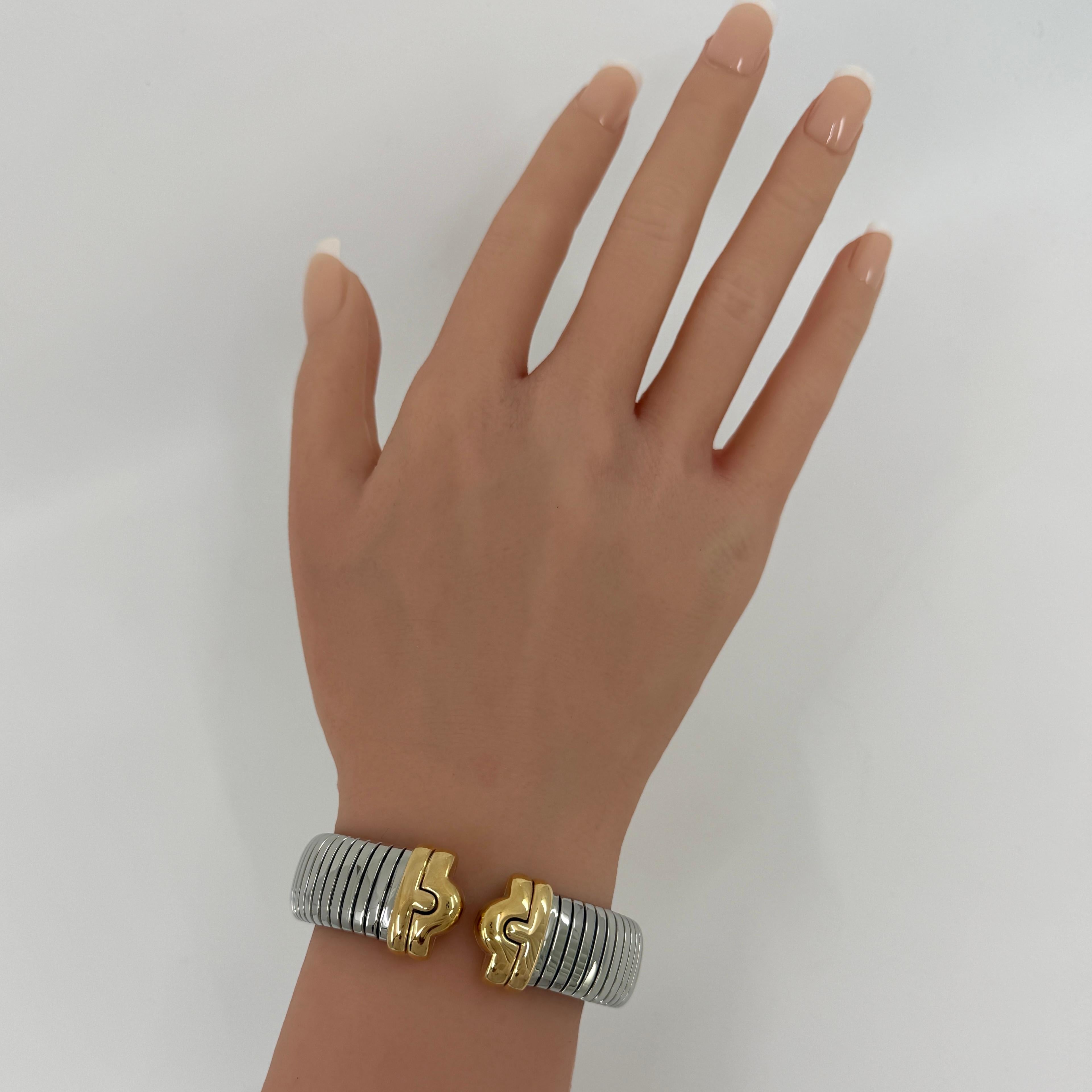 Vintage Bvlgari Parentesi Tubogas Pulsera Brazalete Brazalete de oro amarillo 18k y acero en venta 1
