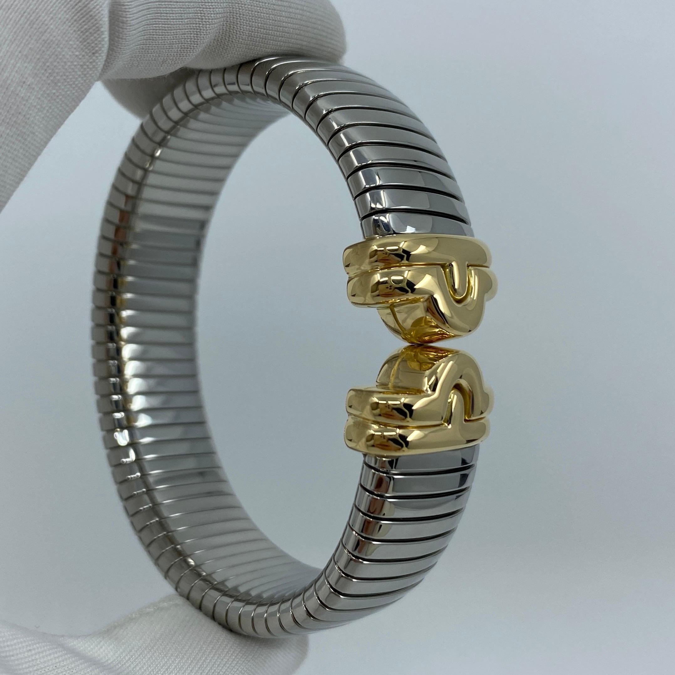 Vintage Bvlgari Parentesi Tubogas Pulsera Brazalete Brazalete de oro amarillo 18k y acero en venta 2