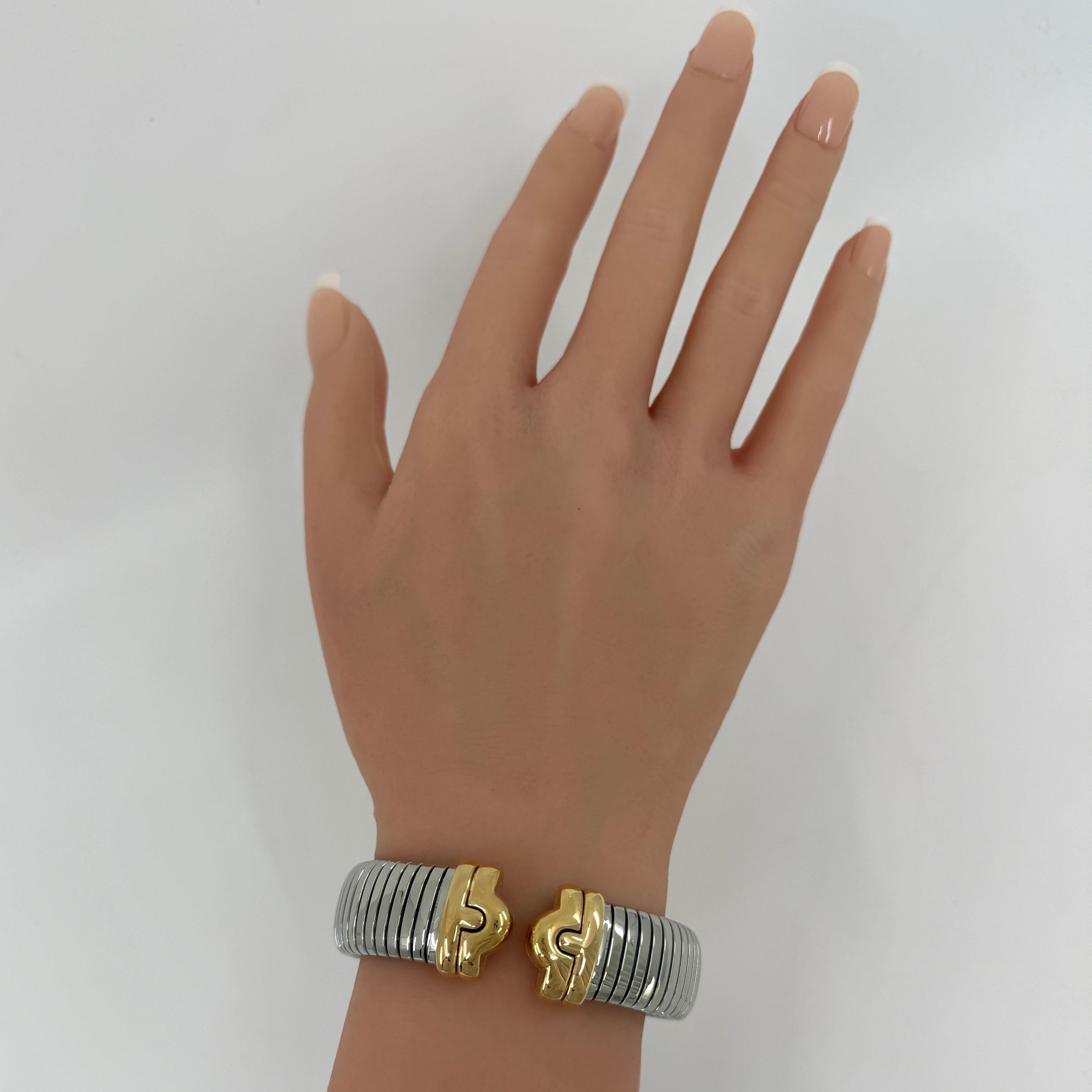 Vintage Bvlgari Parentesi Tubogas Pulsera Brazalete Brazalete de oro amarillo 18k y acero en venta 5