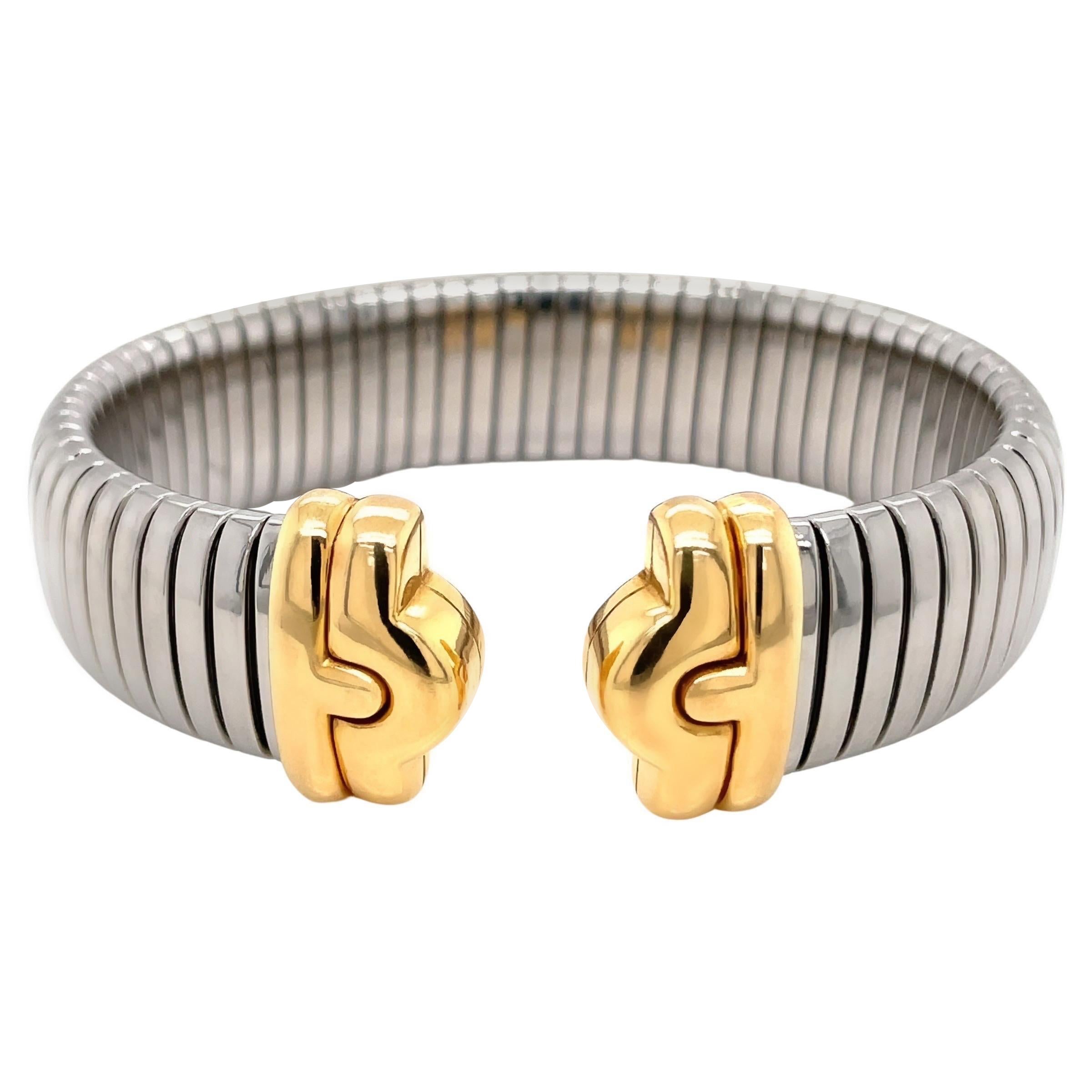 Vintage Bvlgari Parentesi Tubogas Bangle Bracelet Cuff 18k Yellow Gold & Steel For Sale