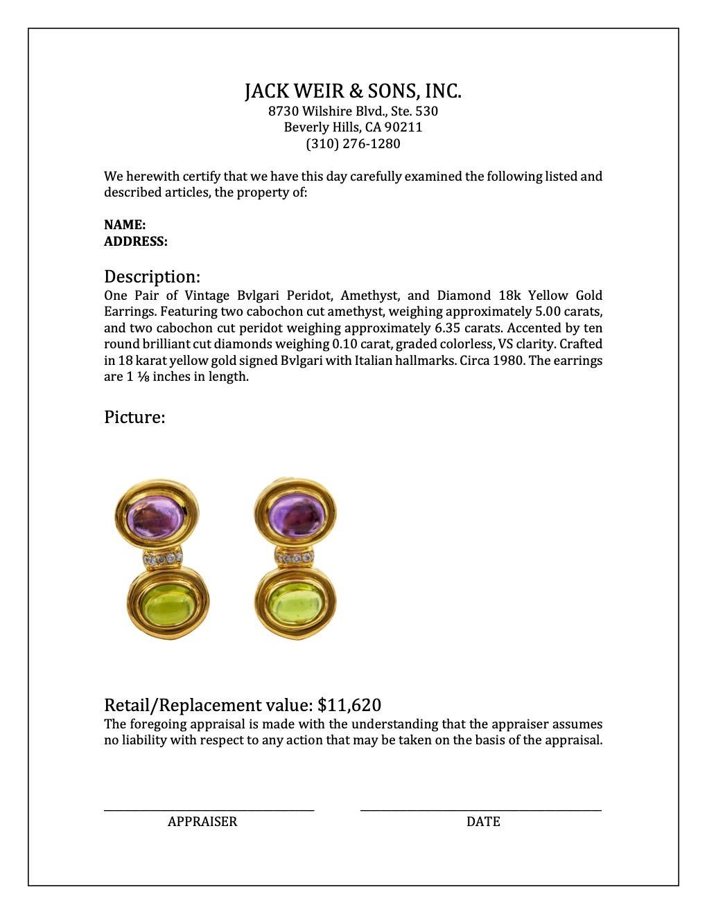 Vintage Bvlgari Peridot, Amethyst, and Diamond 18k Yellow Gold Earrings 1