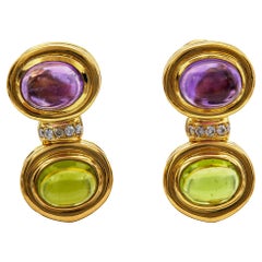 Vintage Bvlgari Peridot, Amethyst, and Diamond 18k Yellow Gold Earrings