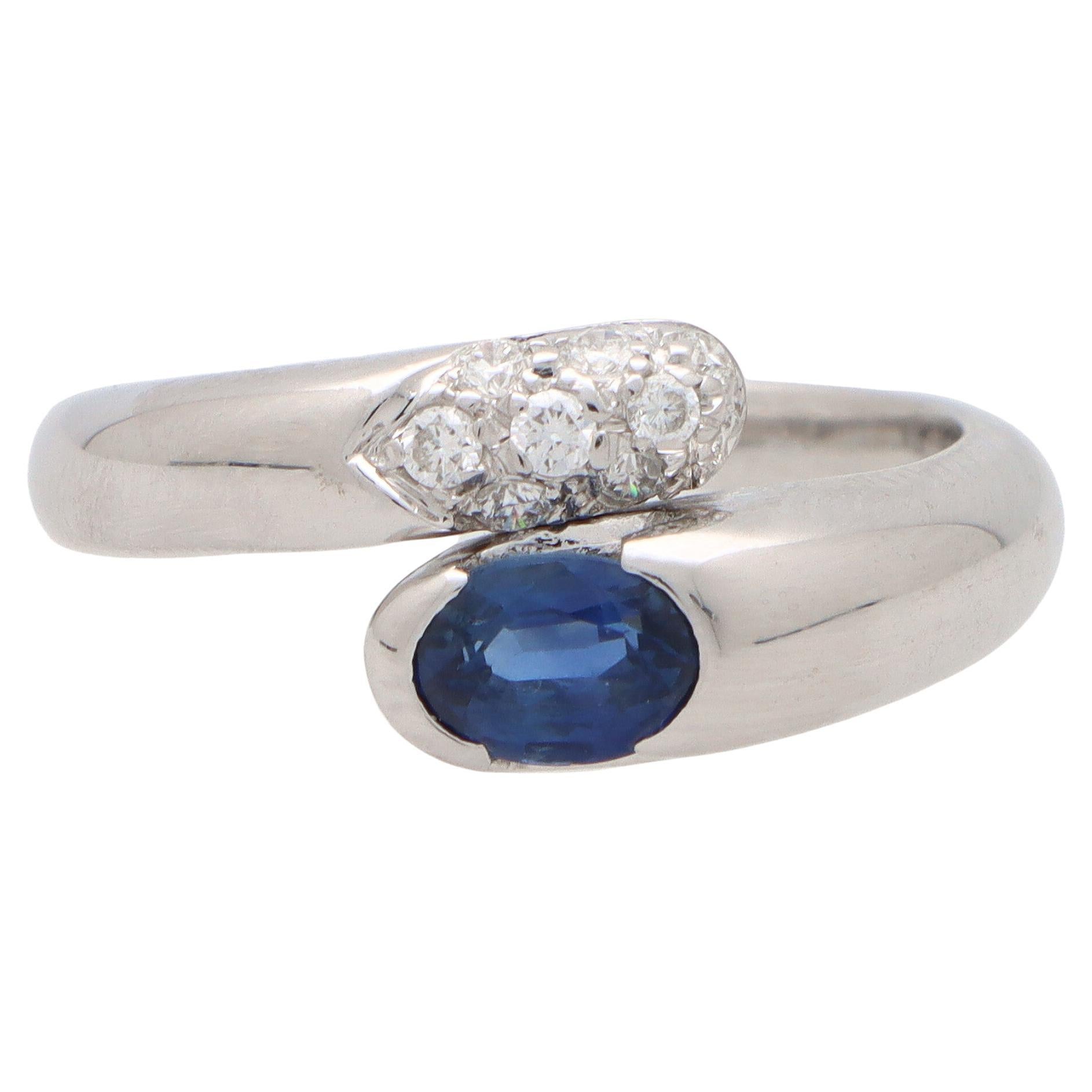 Vintage Bvlgari Serpenti Bypass Sapphire and Diamond Ring in 18k White Gold For Sale