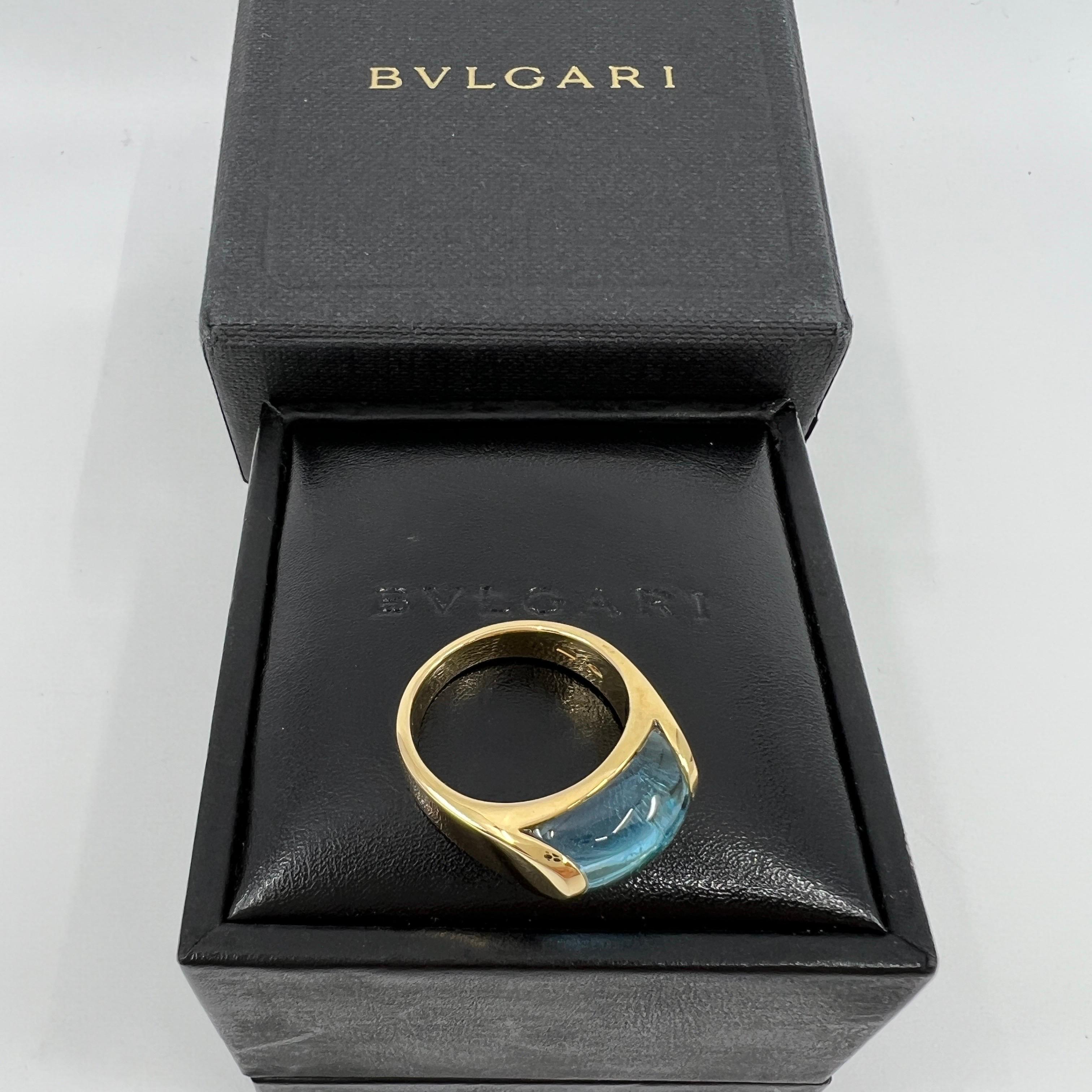 Vintage Bvlgari Tronchetto 18k Yellow Gold Blue Topaz Dome Ring with Box In Excellent Condition In Birmingham, GB