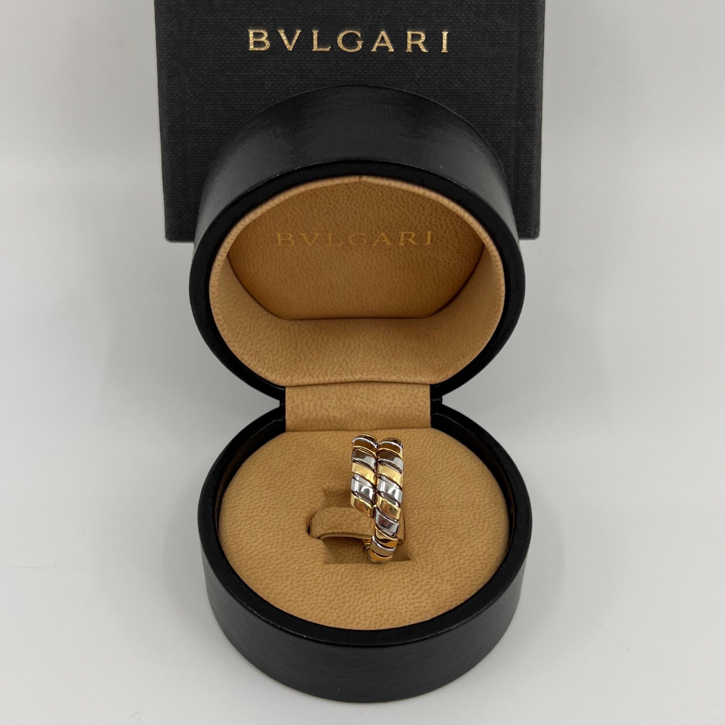 Rare Vintage Bvlgari Tubogas 18k Yellow Gold & Steel Flexi Snake Band Ring.

This stylish design features alternating bands of yellow gold and steel tapering up to two rows on a flexi band. A rare and sought after vintage Bvlgari piece.
In excellent