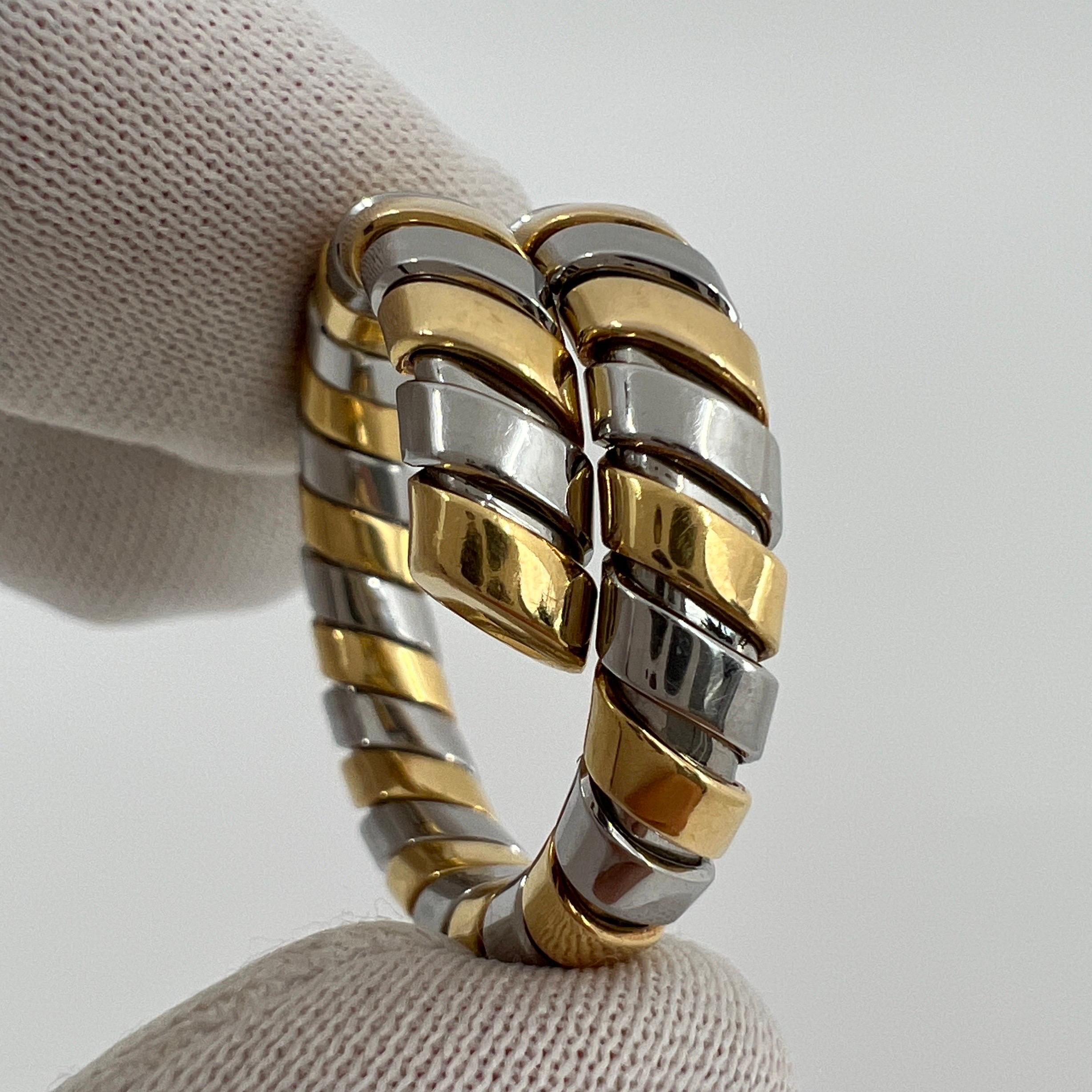 Vintage Bvlgari Tubogas 18 Karat Yellow Gold & Steel Flexi Snake Band Ring For Sale 1
