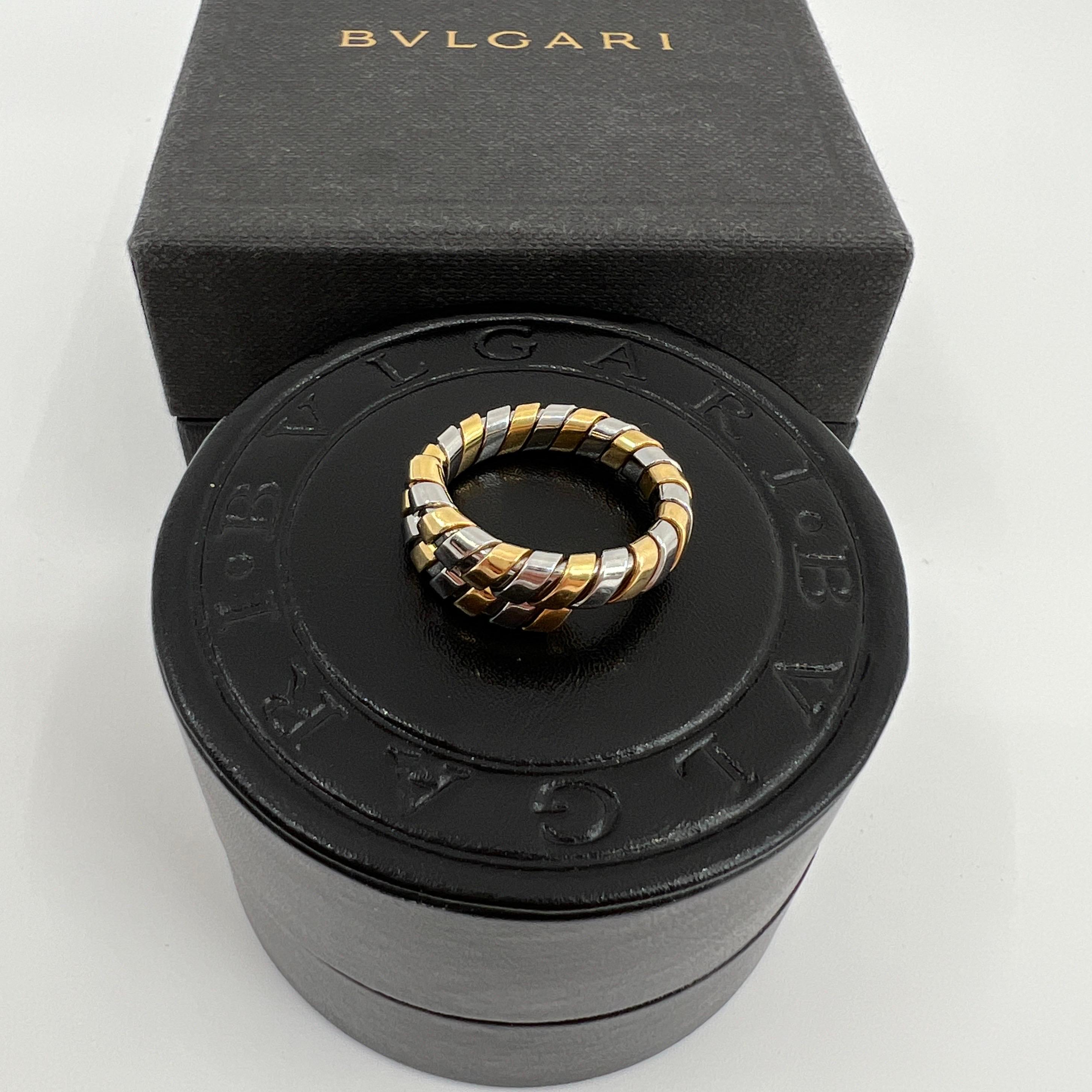 Vintage Bvlgari Tubogas 18 Karat Yellow Gold & Steel Flexi Snake Band Ring In Excellent Condition For Sale In Birmingham, GB