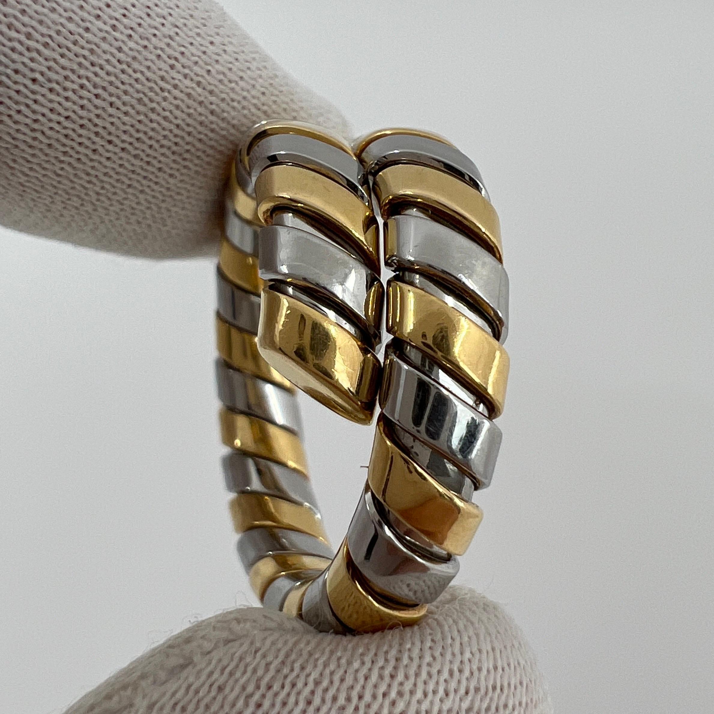 Women's or Men's Vintage Bvlgari Tubogas 18 Karat Yellow Gold & Steel Flexi Snake Band Ring For Sale