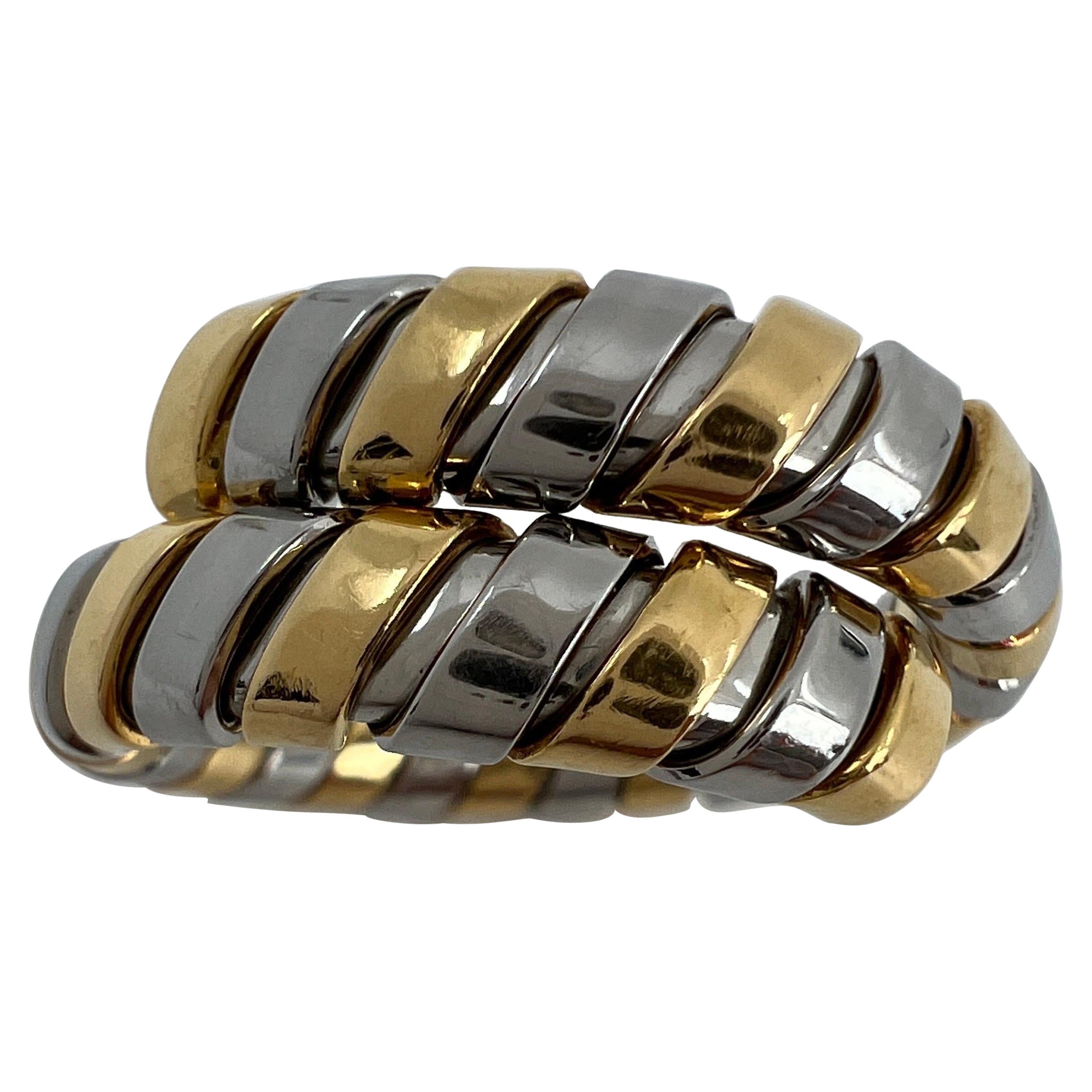 Vintage Bvlgari Tubogas 18 Karat Yellow Gold 
Steel Flexi Snake Band Ring im Angebot