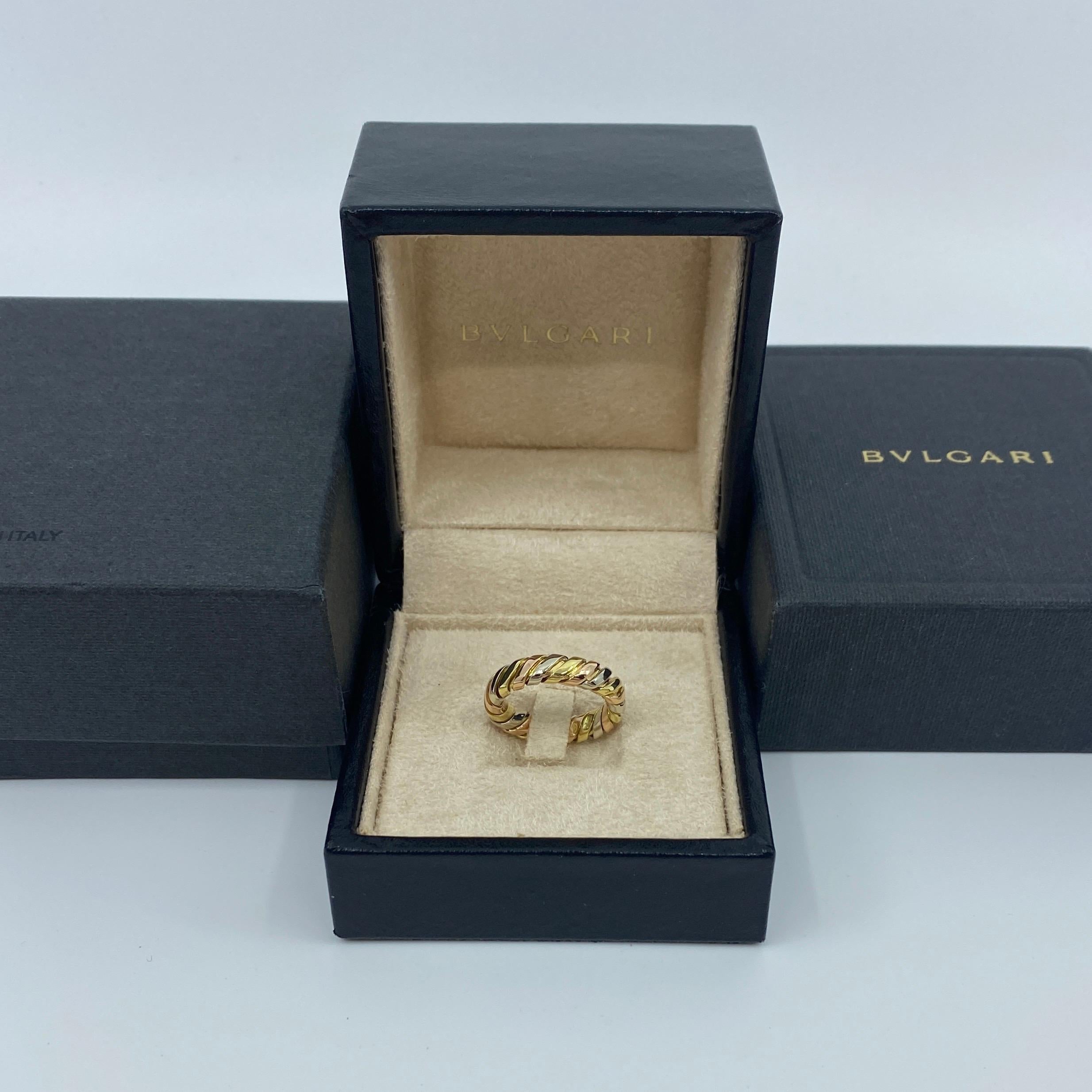 Women's or Men's Vintage Bvlgari Tubogas 18 Karat Yellow Rose White Gold Tricolor Band Swirl Ring