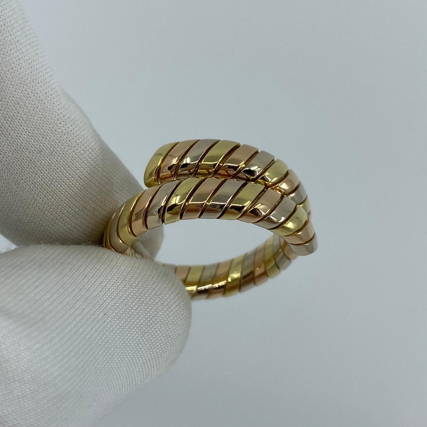 Women's or Men's Vintage Bvlgari Tubogas 18 Karat Yellow, Rose, White Gold Tricolor Flexi Ring