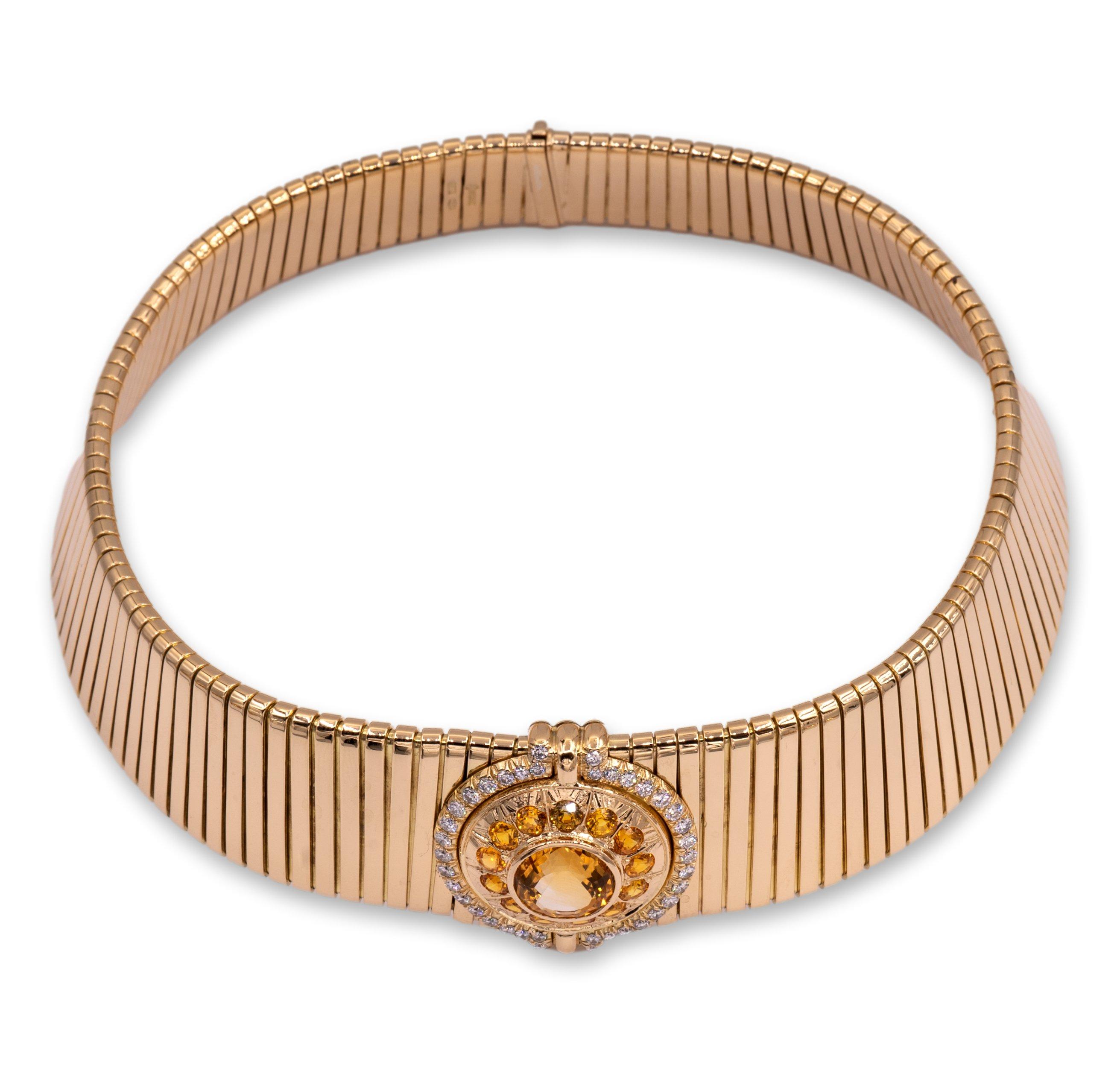 Vintage Bvlgari Tubogas 18K Yellow Gold Citrine and Diamond Choker Necklace In Excellent Condition In New York, NY