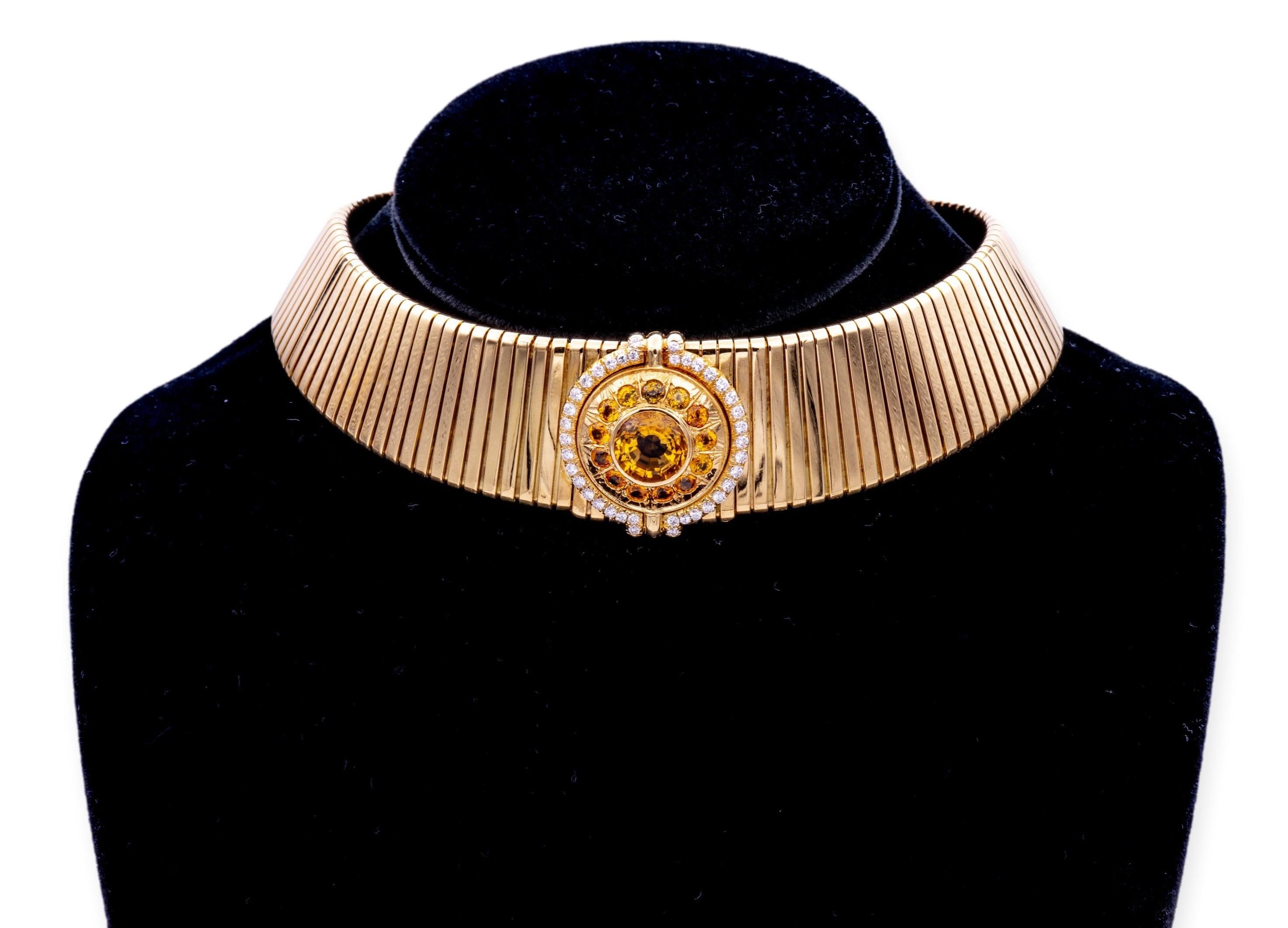 Vintage Bvlgari Tubogas 18k Yellow Gold Citrine and Diamond Choker Necklace In Good Condition In New York, NY