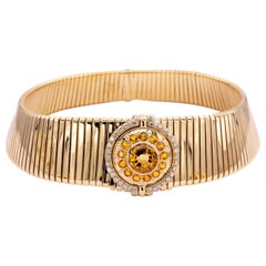 Bvlgari Collier ras du cou vintage Tubogas en or jaune 18 carats, citrine et diamants