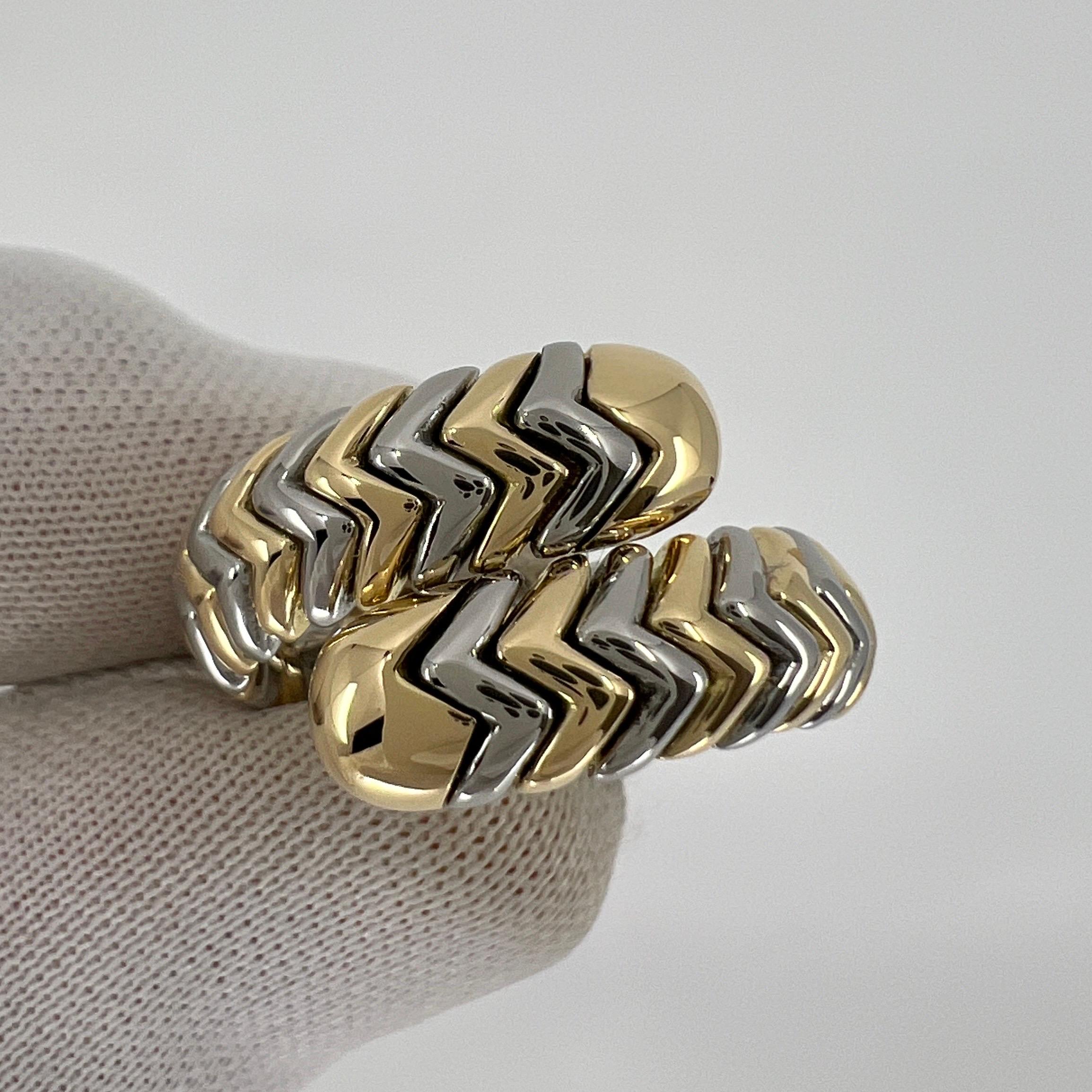 Vintage Bvlgari Tubogas 18k Yellow Gold & Steel Flexi Snake Bypass Ring.

This stylish design features alternating bands of yellow gold and steel tapering up to two rows on a flexible band. A rare and unique vintage Bvlgari piece.
In excellent
