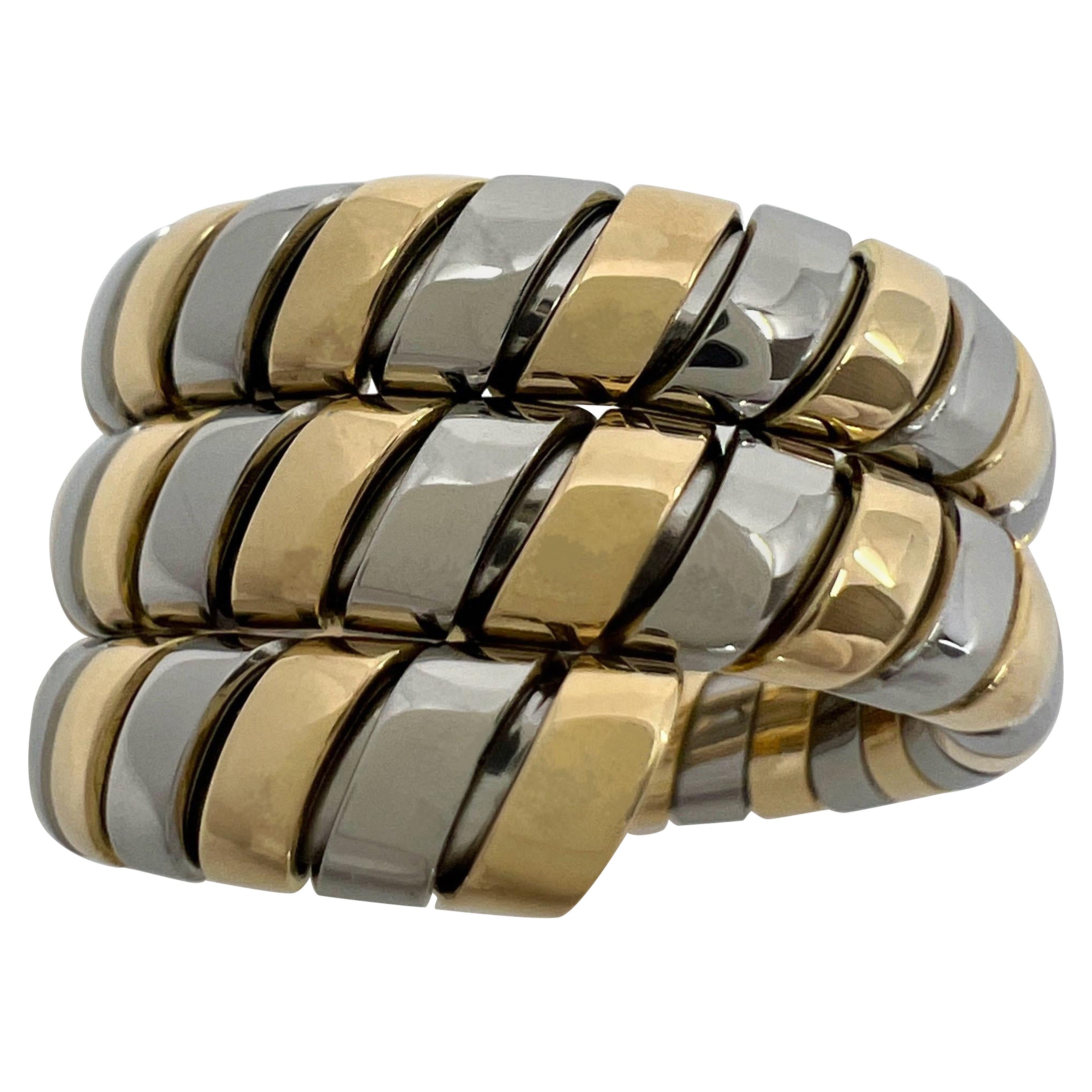 Vintage Bvlgari Tubogas 18k Yellow Gold 
Steel Three Row Snake Flexi Band Ring
