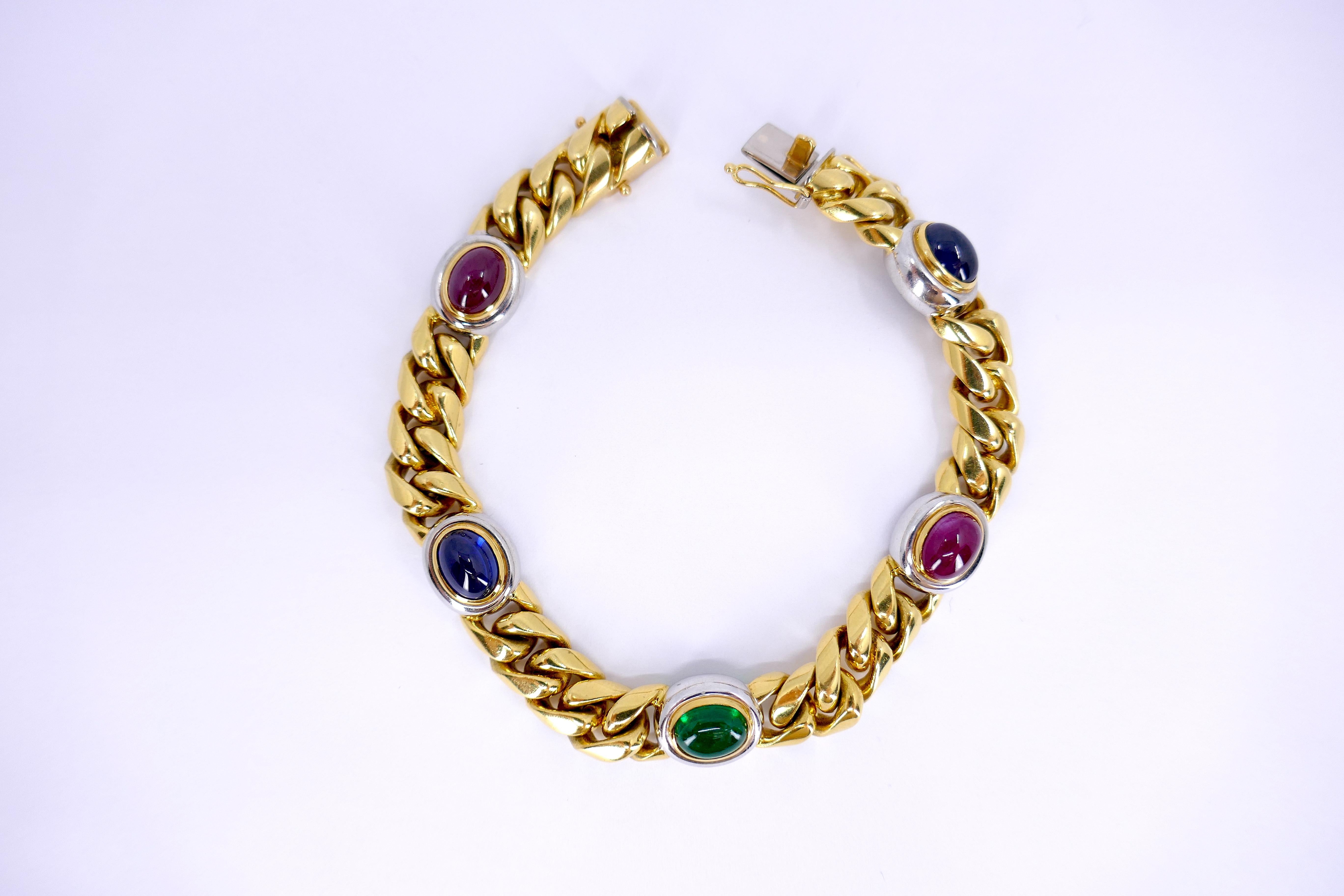 This Bvlgari two-tone gold bracelet, crafted in the 1980s, embodies the brand's signature blend of elegance and luxury. Made from 18K white and yellow gold, it offers a beautiful combination of metals. Weighing 56.1 grams, the bracelet is both