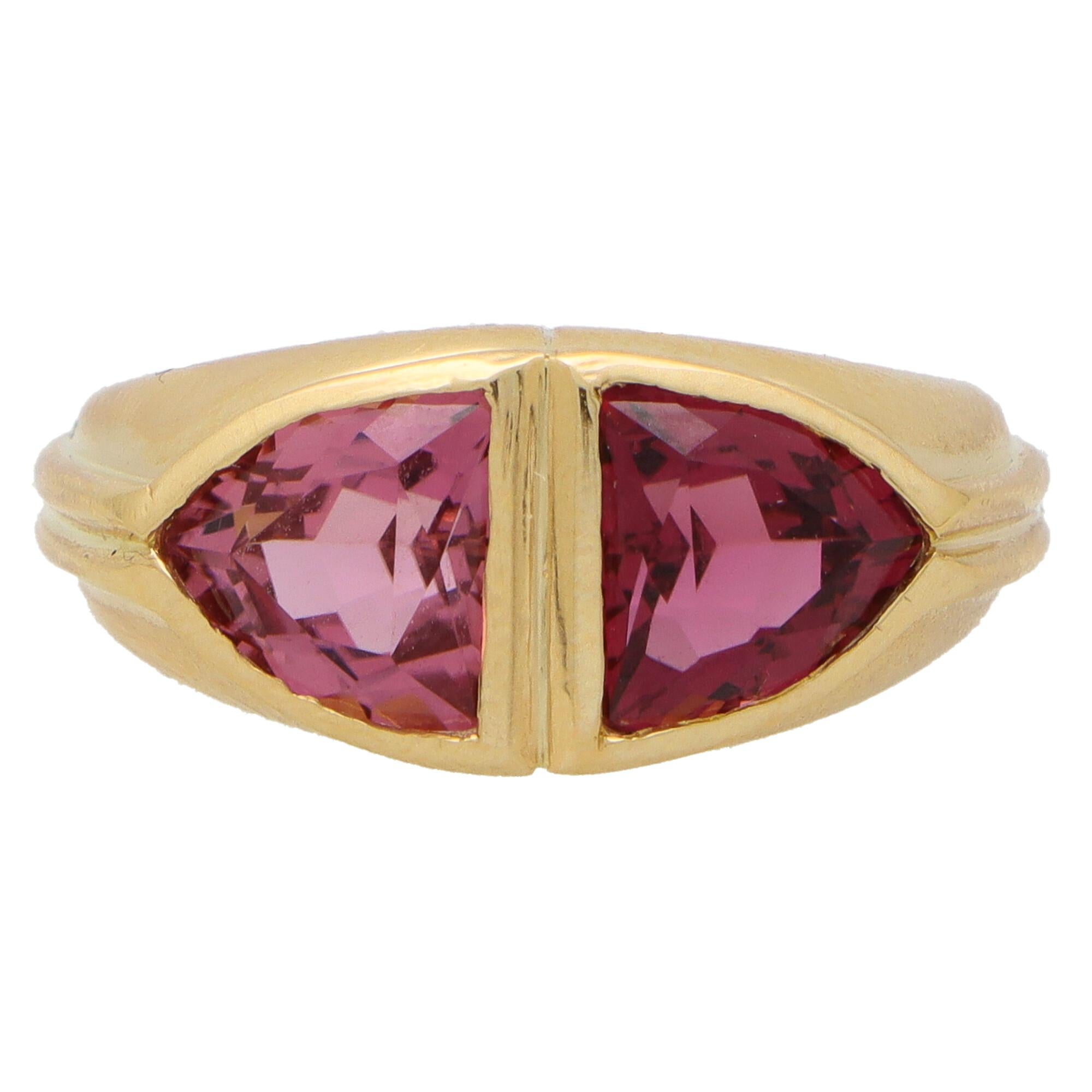 Trillion Cut Vintage Bvlgari Two Tone Pink Tourmaline Dress Ring in 18k Yellow Gold For Sale