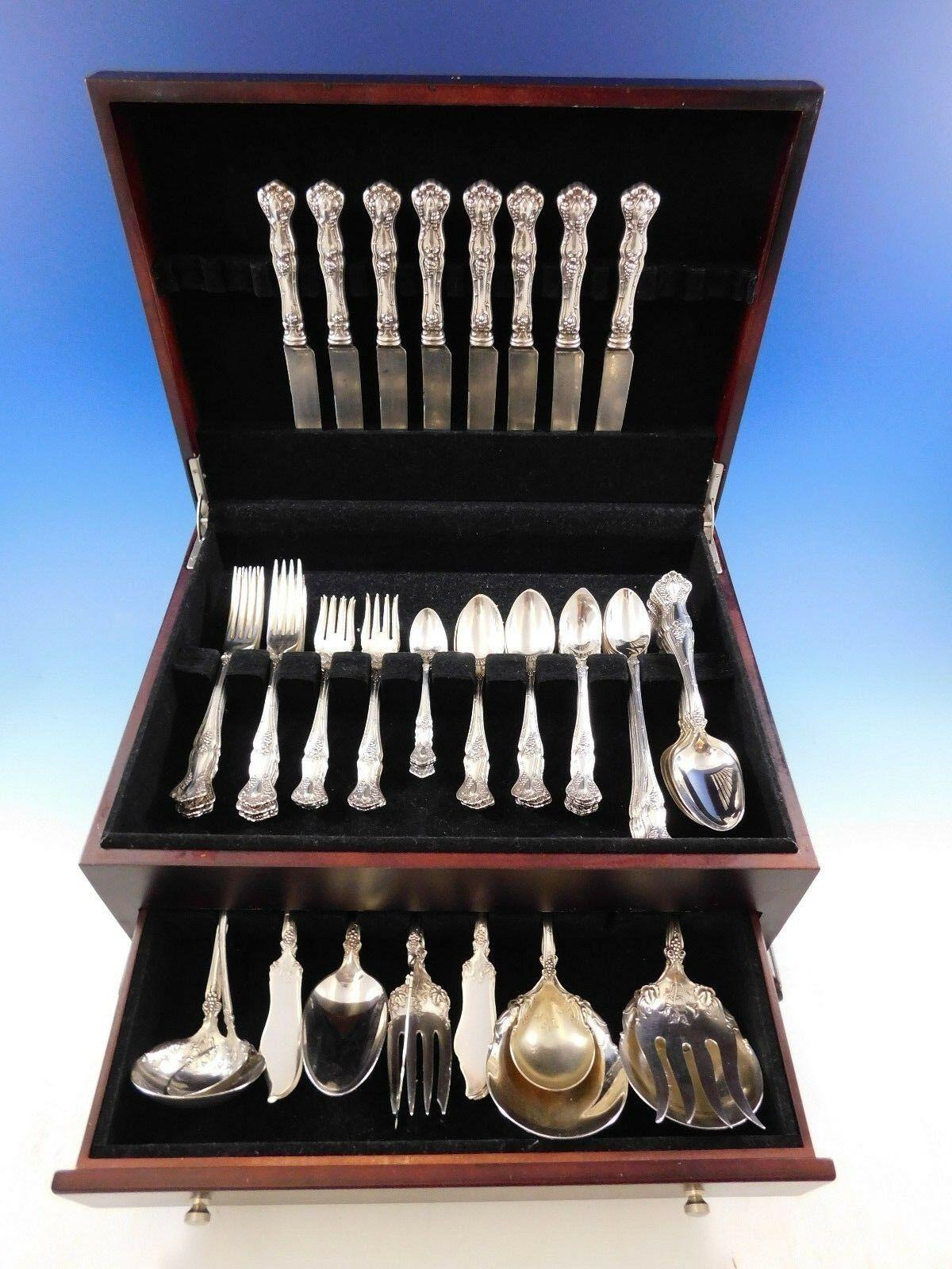 Vintage by 1847 Rogers silver plate flatware set, 81 pieces. This highly collectable pattern features a grape motif. This set includes:

8 knives, 8 3/4