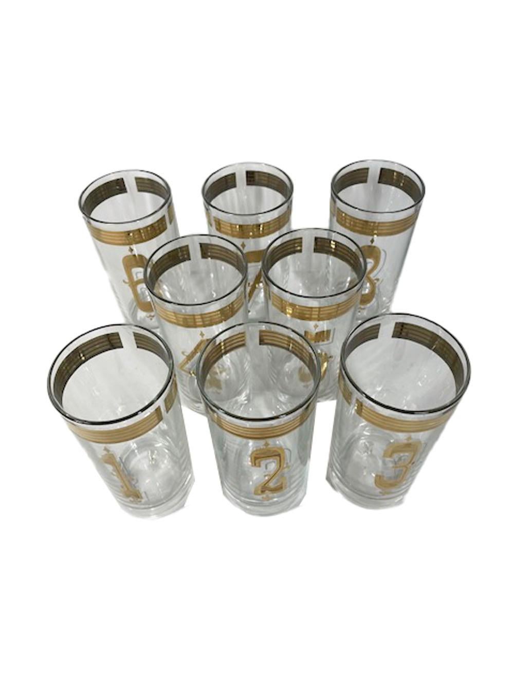 Mid-Century Modern Vintage By-the-numbers, Highball Glasses, Numbered 1 Thru 8 in 22 Karat Gold