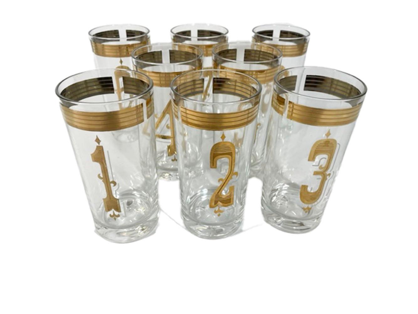 American Vintage By-the-numbers, Highball Glasses, Numbered 1 Thru 8 in 22 Karat Gold