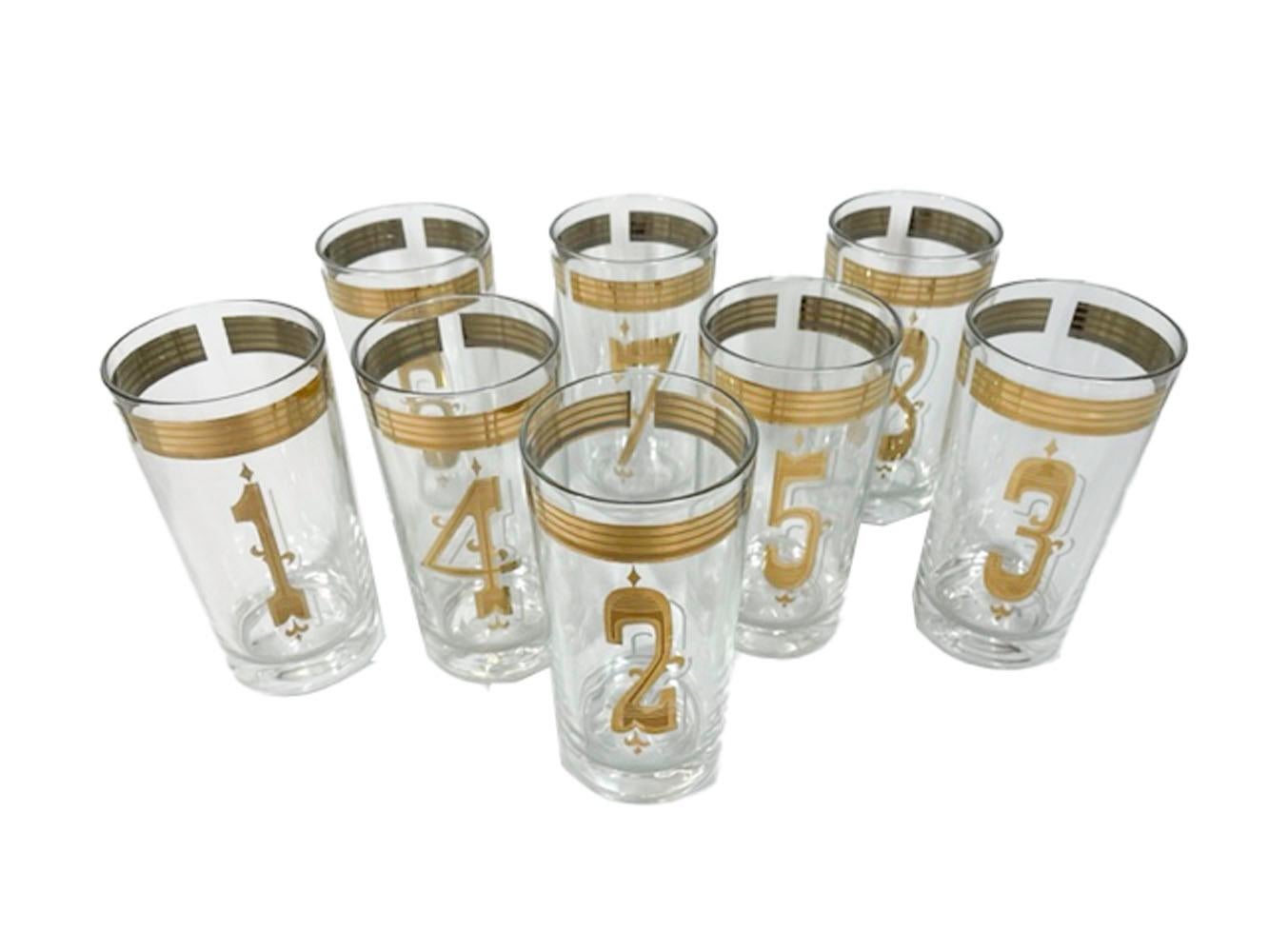 Vintage By-the-numbers, Highball Glasses, Numbered 1 Thru 8 in 22 Karat Gold In Good Condition In Nantucket, MA