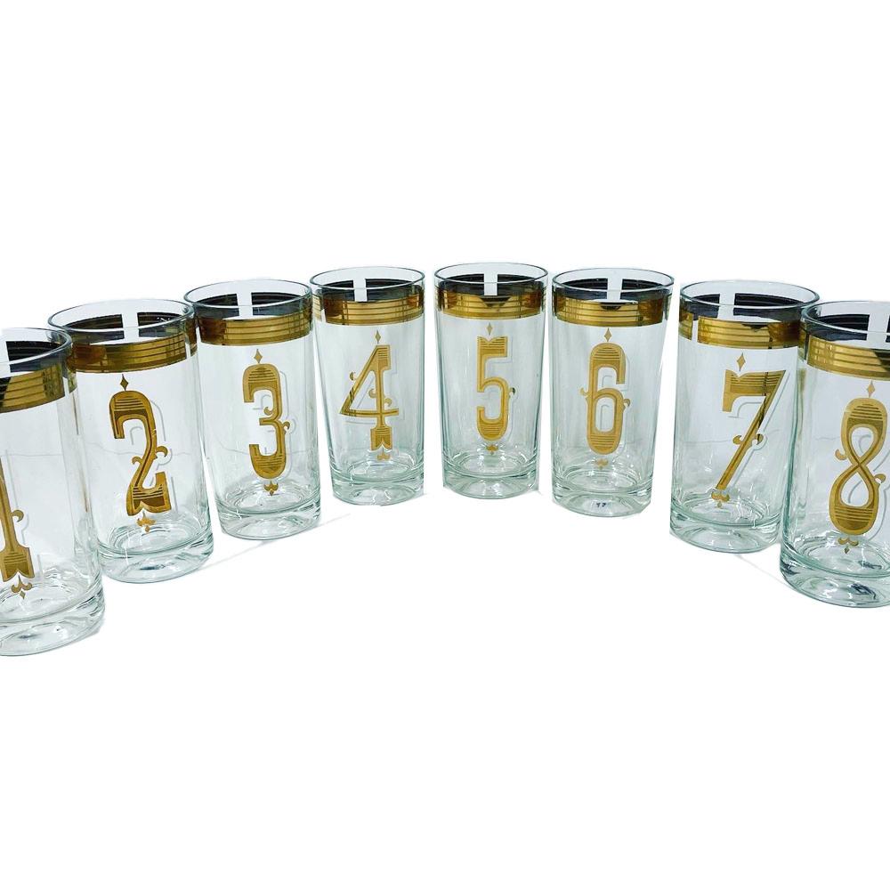 20th Century Vintage By-the-numbers, Highball Glasses, Numbered 1 Thru 8 in 22 Karat Gold