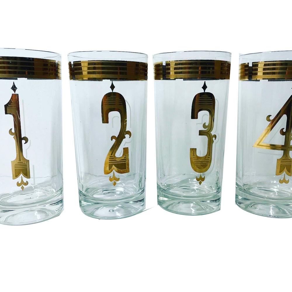Vintage By-the-numbers, Highball Glasses, Numbered 1 Thru 8 in 22 Karat Gold 1